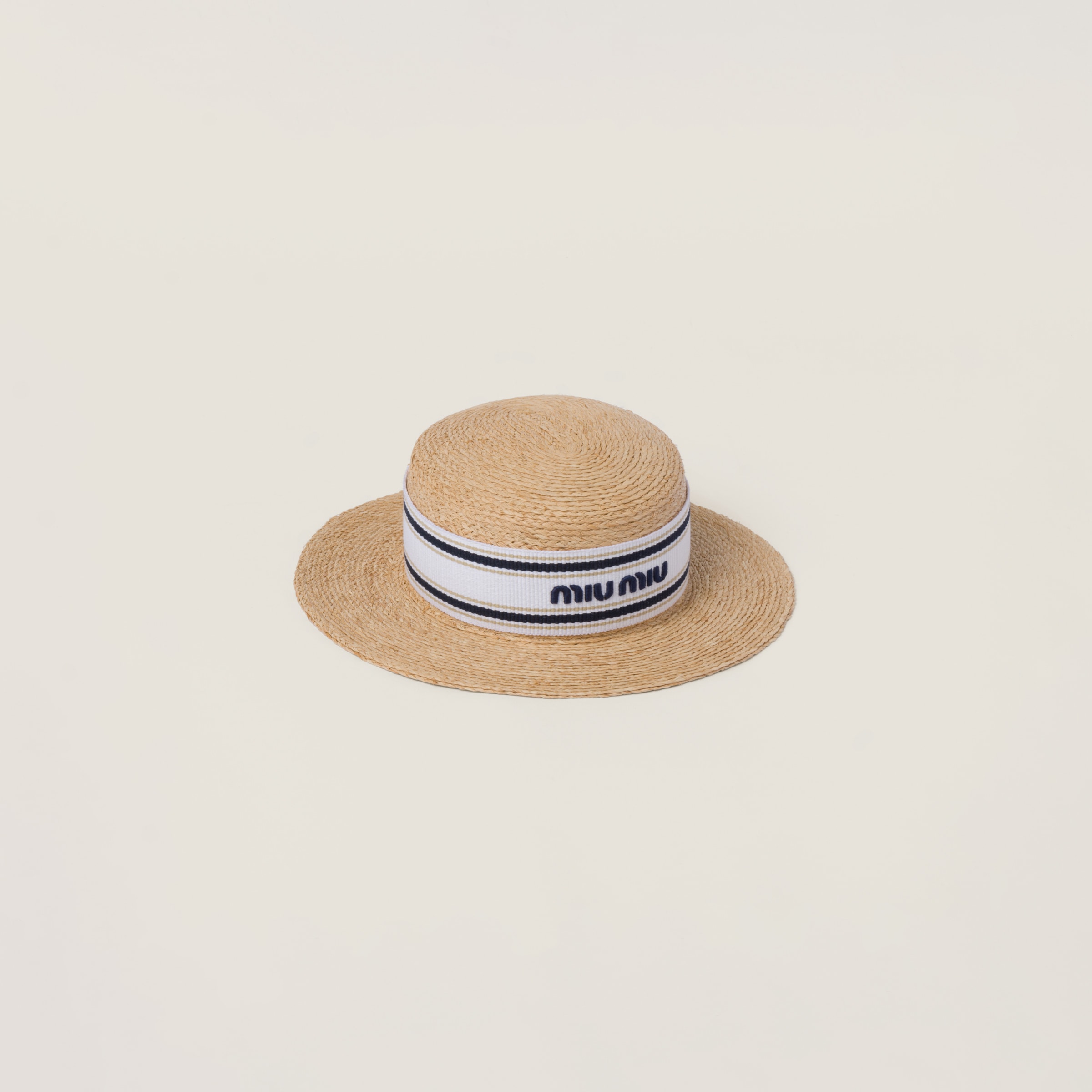 Miumiu Woven Fabric Hat In Tan/white