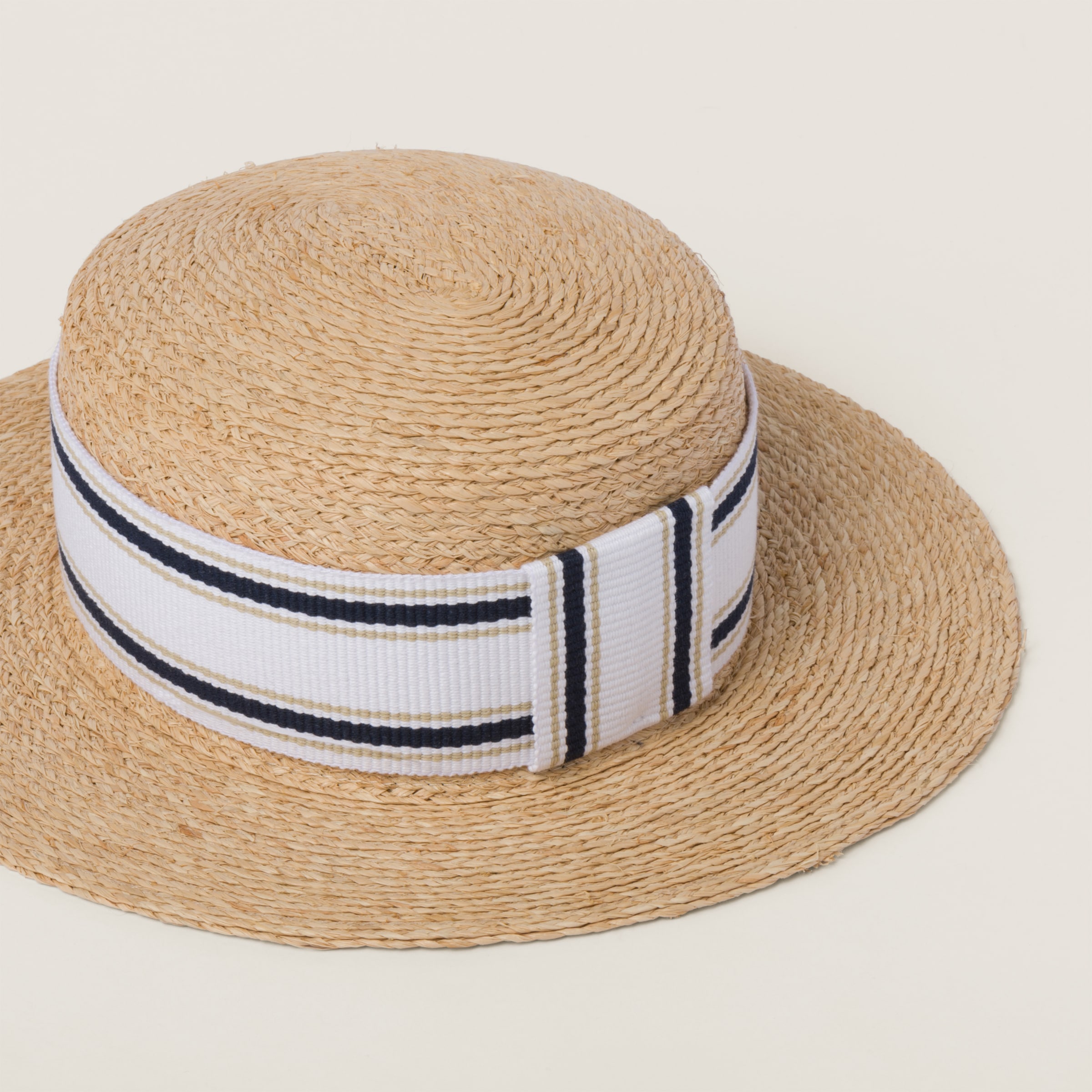 Shop Miumiu Woven Fabric Hat In Tan/white