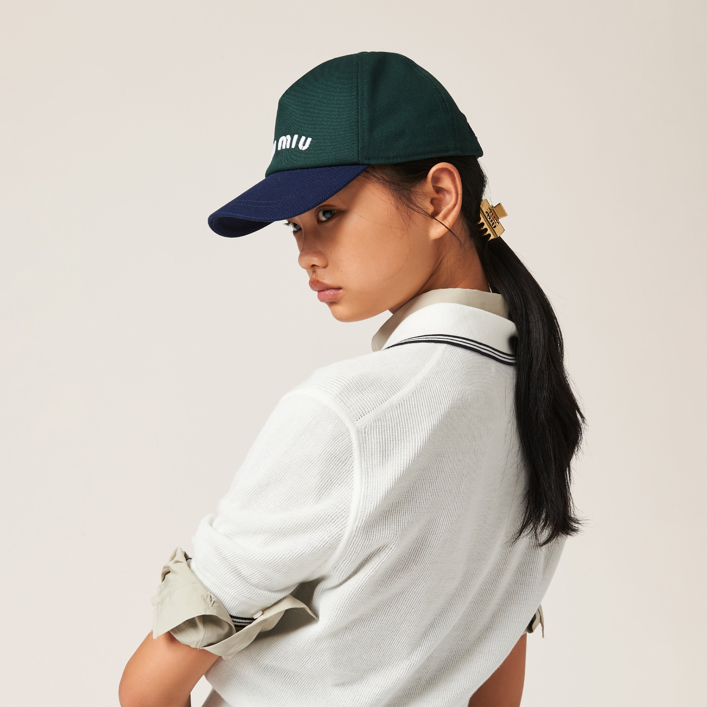 Shop Miumiu Drill Baseball Cap In Fir/royal