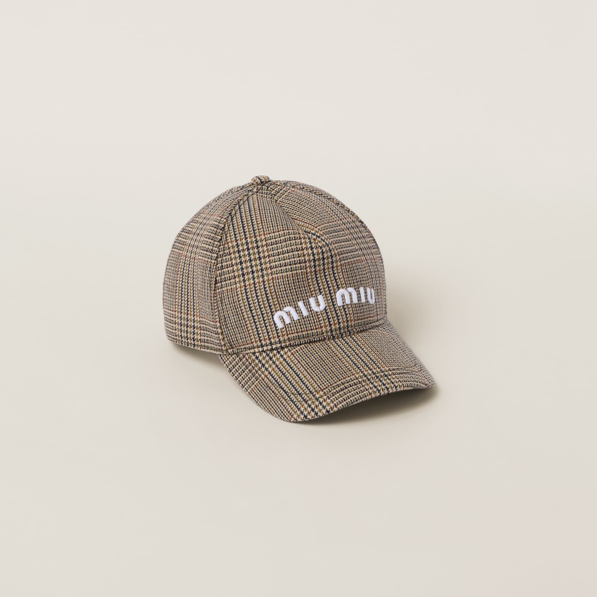 Miu Miu Prince Of Wales Checked Wool Baseball Cap In Tobacco 