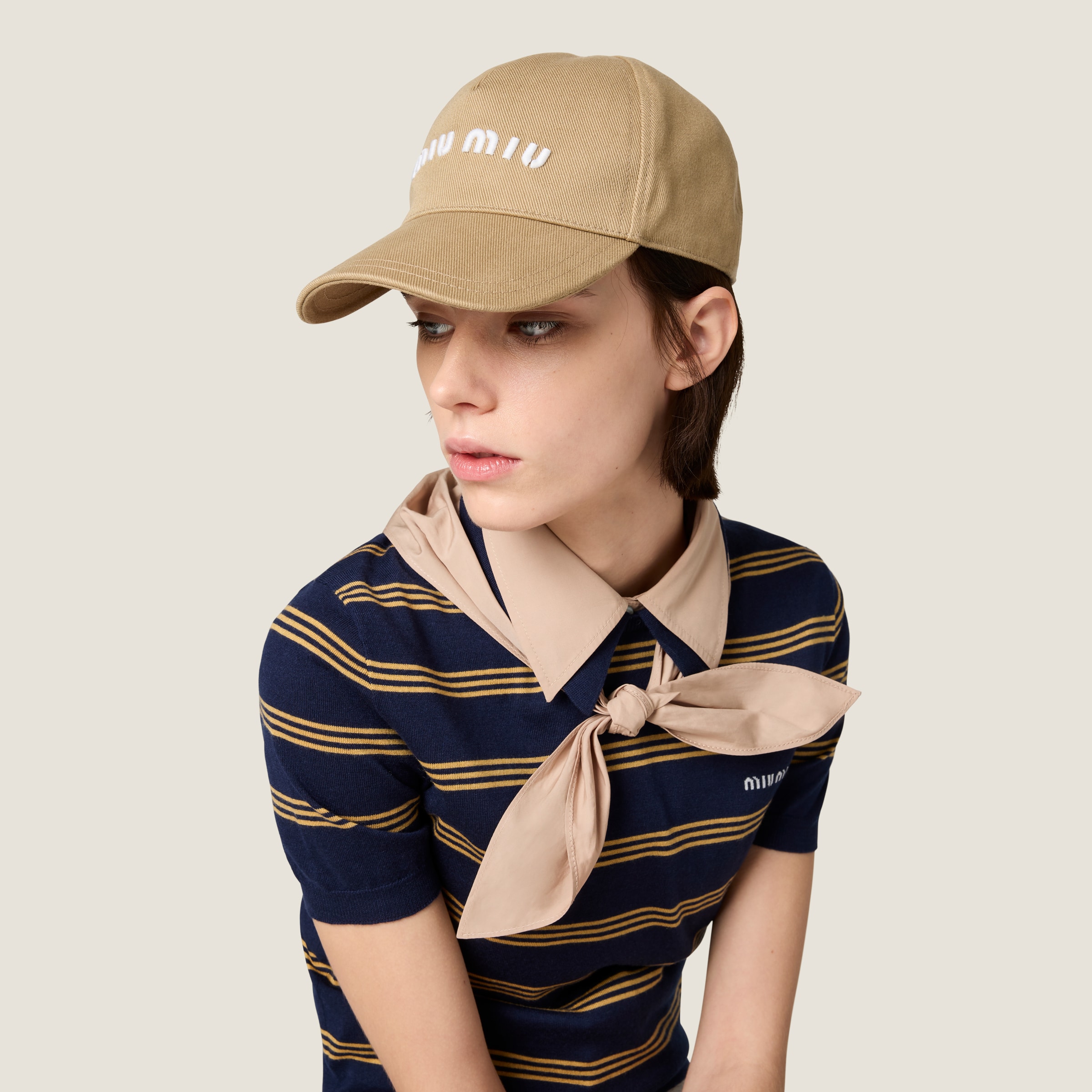 ☆関税込☆MIUMIU★Miu Miu Drill Baseball Cap Khaki White★ Khaki/white Drill Baseball Cap | Miu Miu
