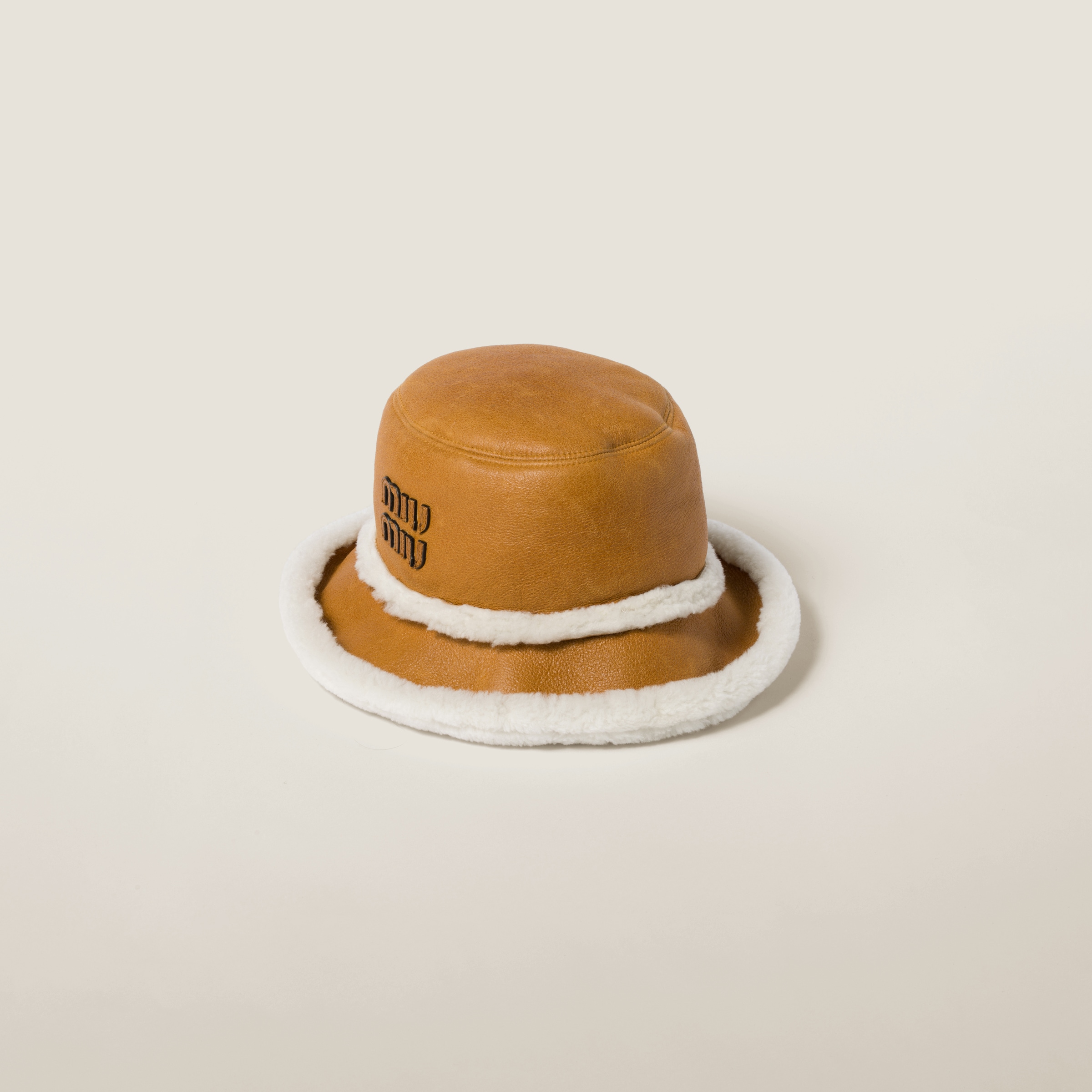 Miu Miu Shearling-trim Bucket Hat In Cognac/natural