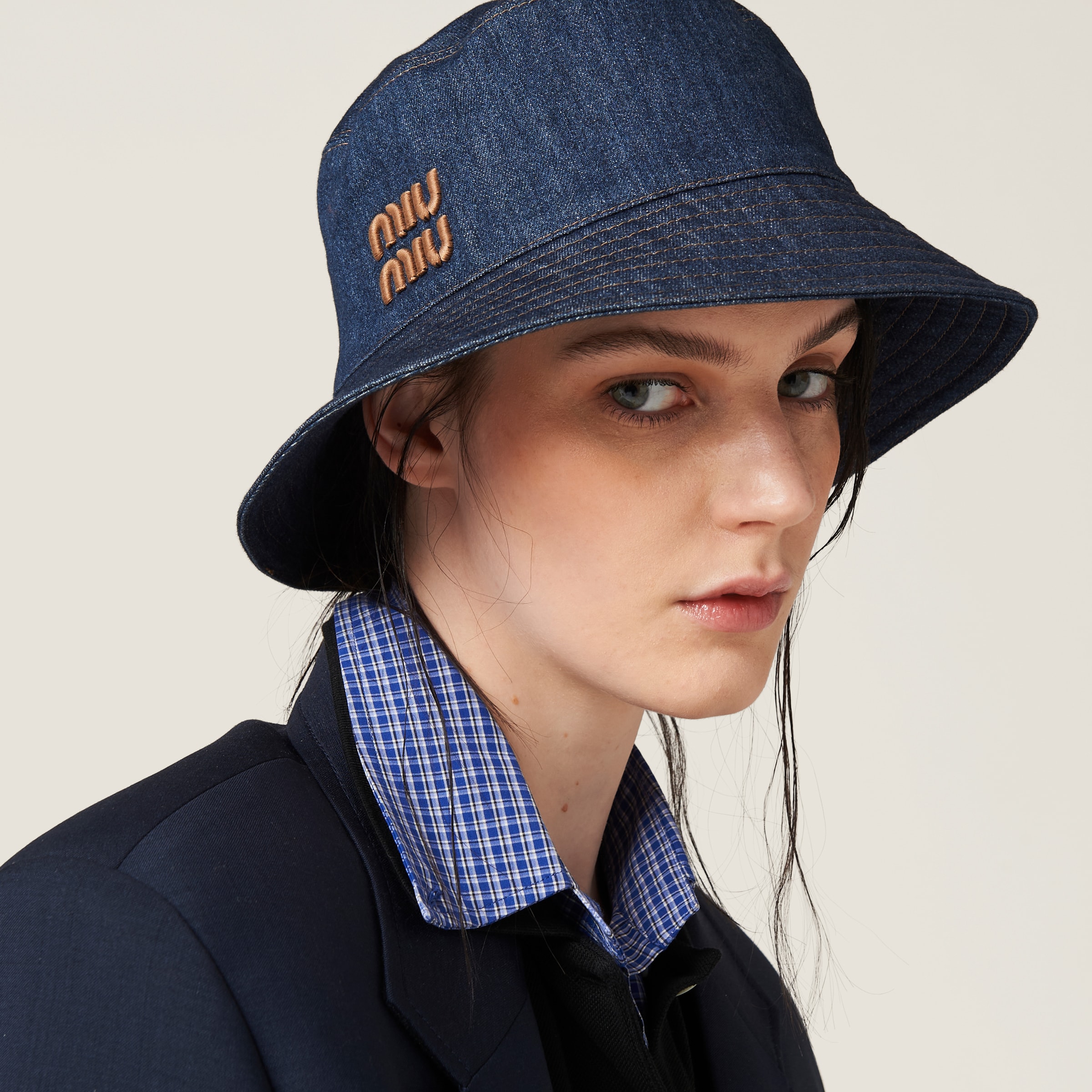 Shop Miumiu Denim Bucket Hat In Blue+tobacco