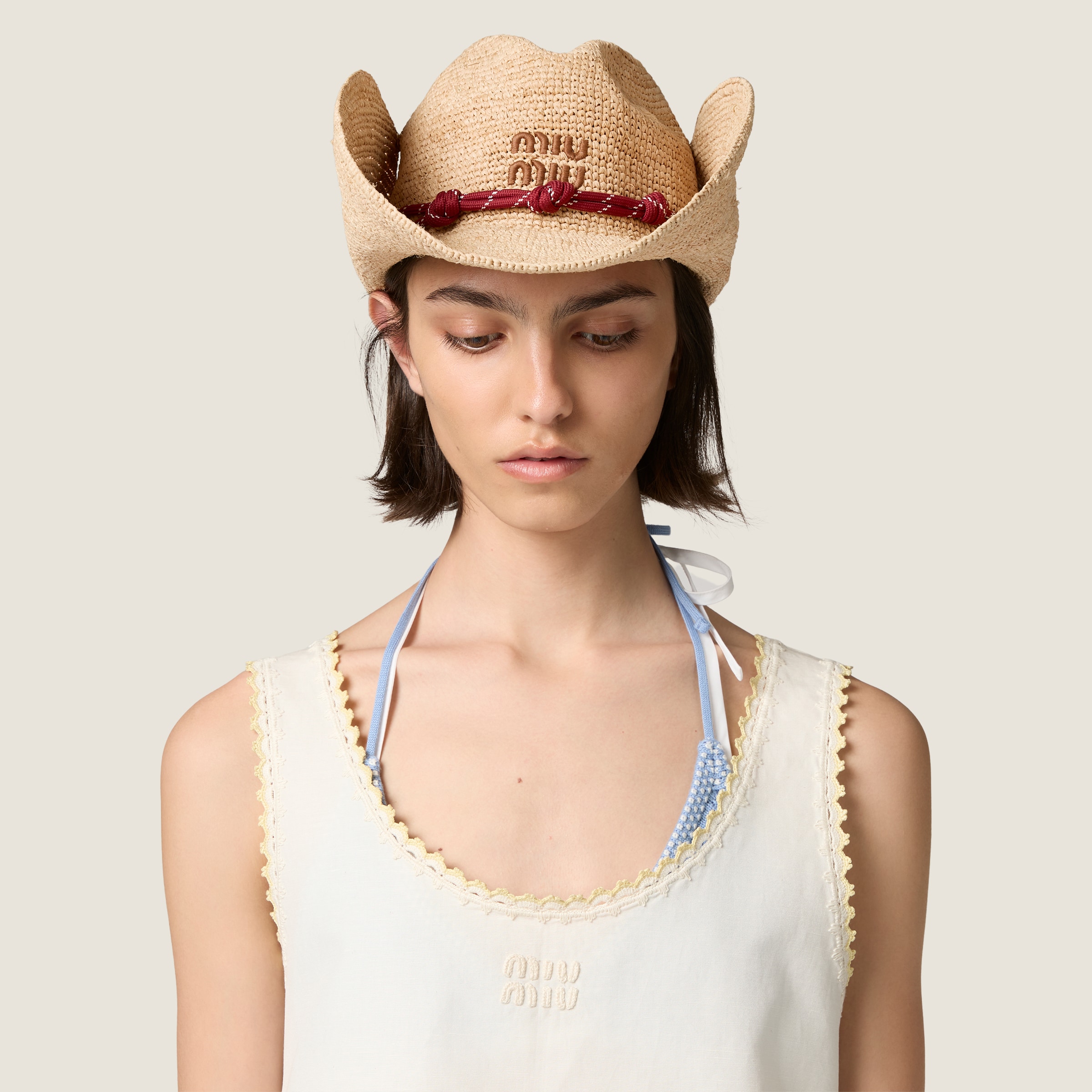 Miu Miu Natural Straw Cowboy Hat with Red Band display picture 2