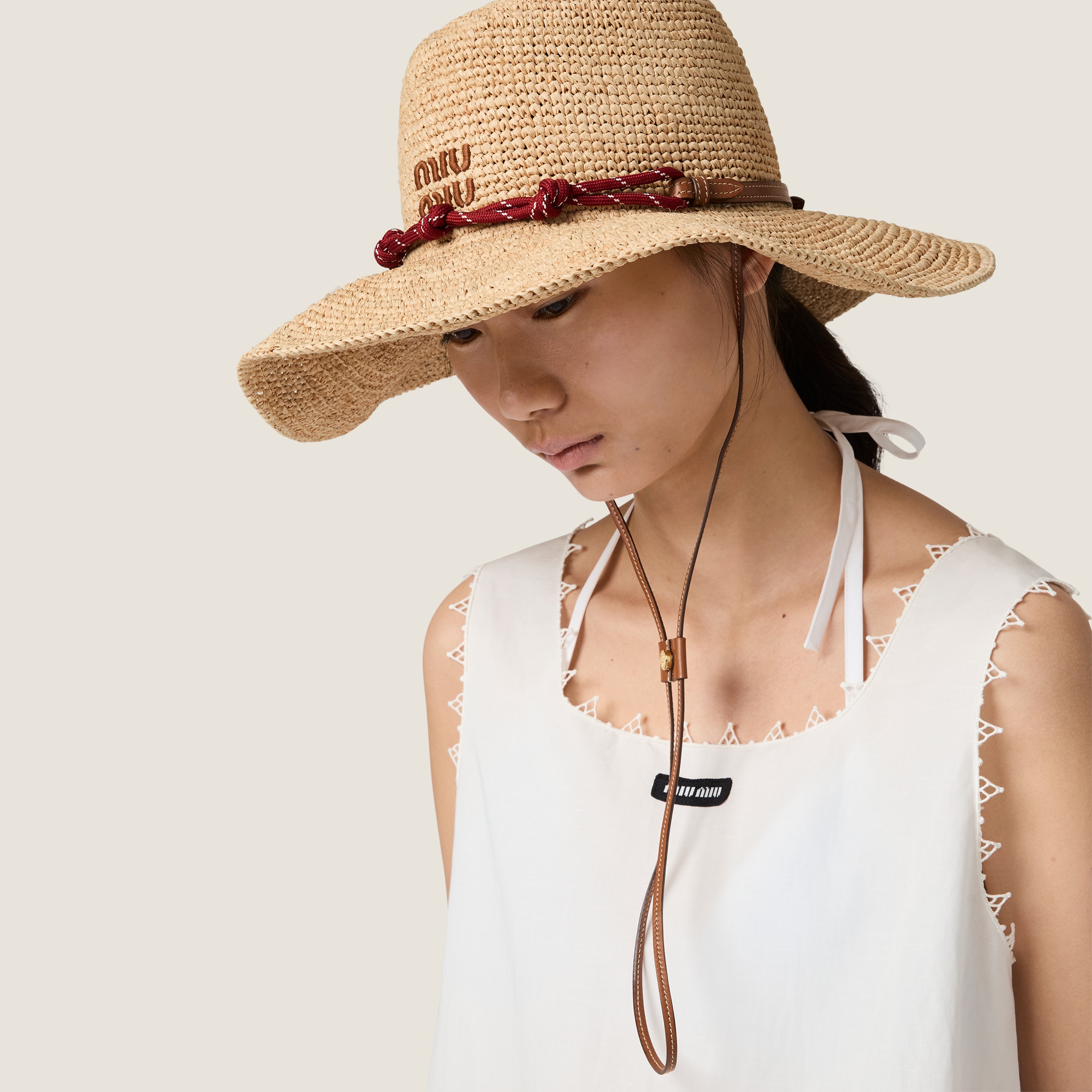 Beige/burgundy Raffia And Leather Hat | Miu Miu - United States
