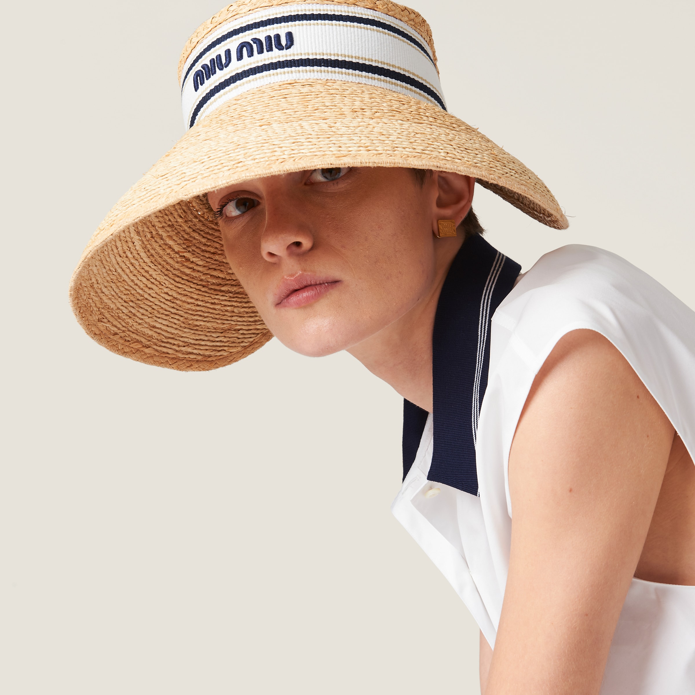 MIU MIU ストローキャップ 麦わら Tan/white Raffia-effect Fabric Visor | Miu Miu - United States
