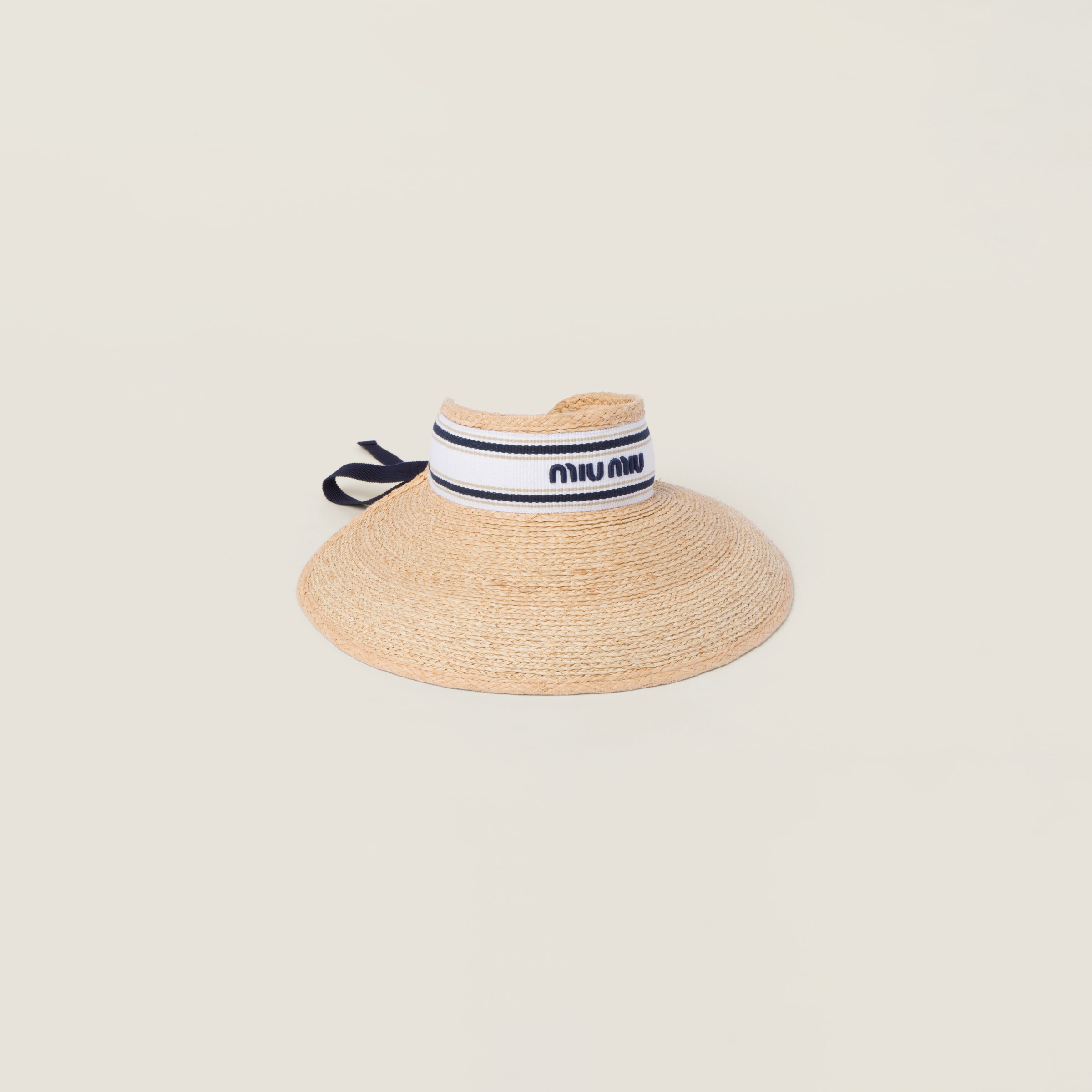 Miumiu Raffia-effect Fabric Visor In Tan/white