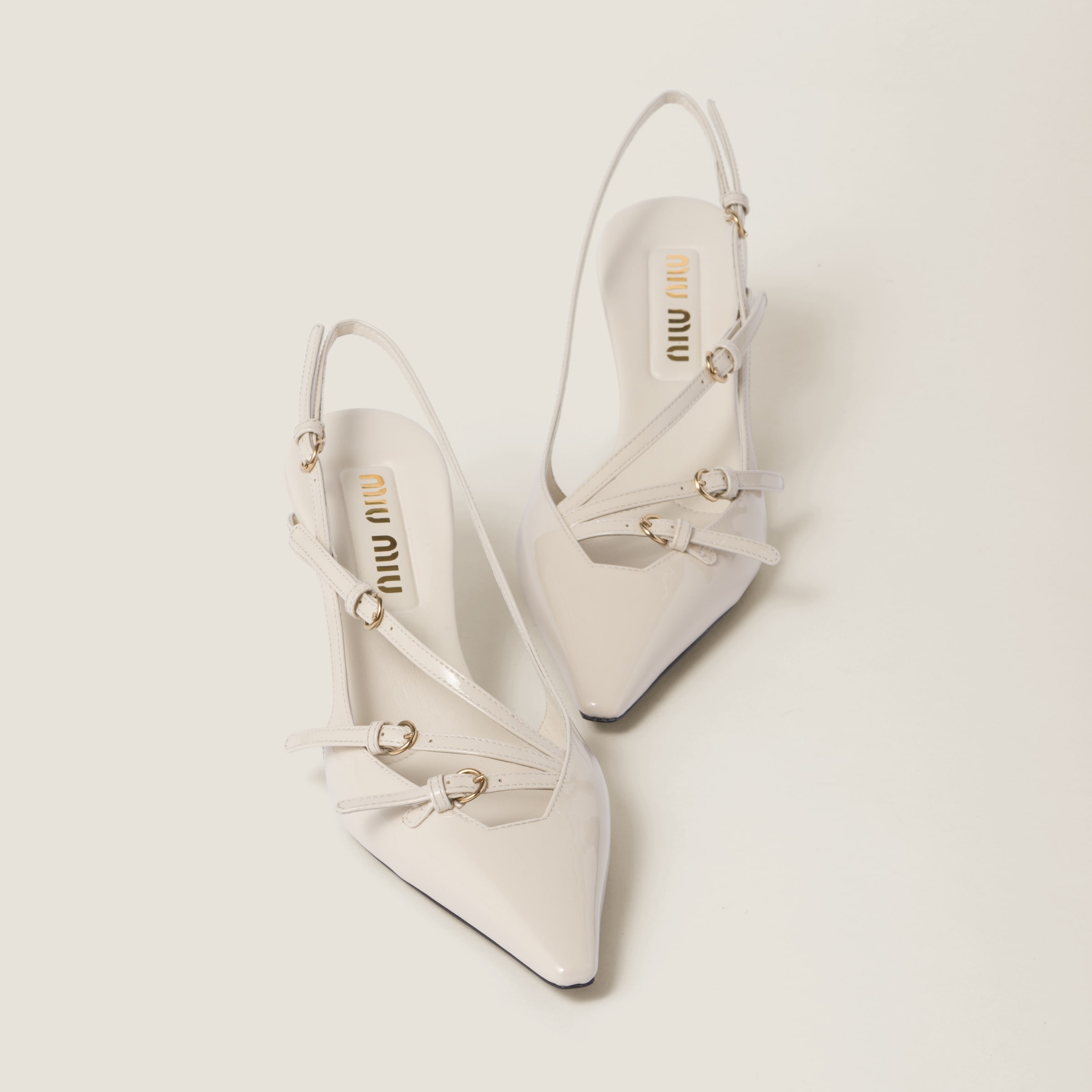 Miu Miu Patent Leather Slingback Pumps With Buckles In Ivory