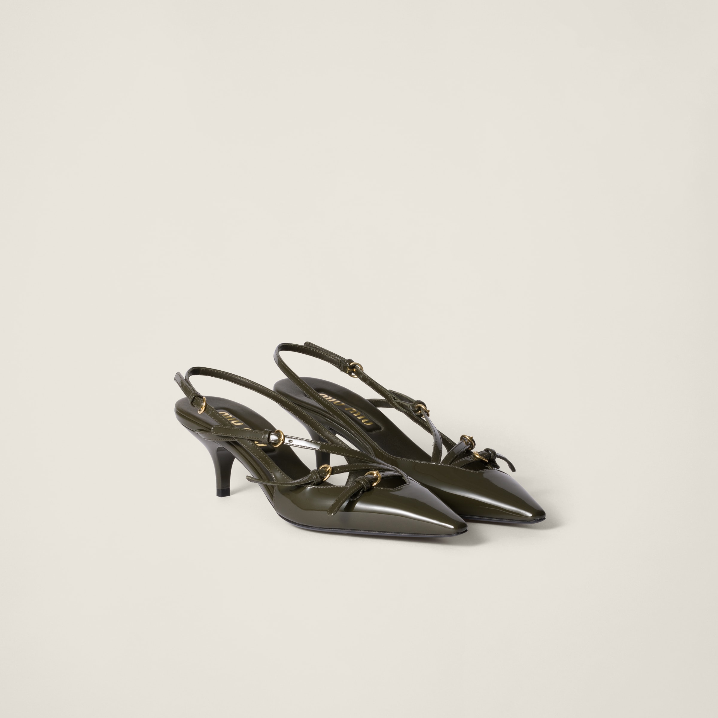 Miu Miu Patent Leather Slingbacks With Buckles In Loden Green