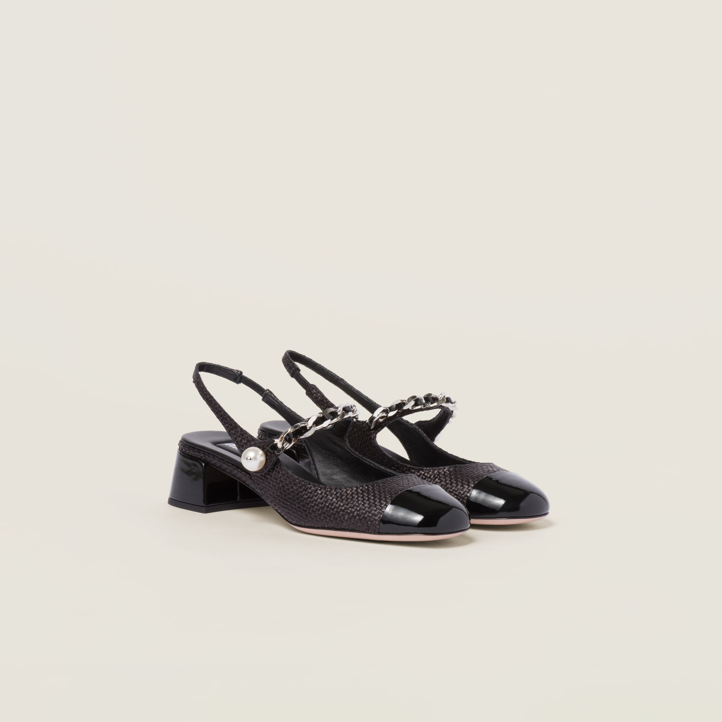 Miumiu Patent Leather And Raffia Slingback Pumps In Black