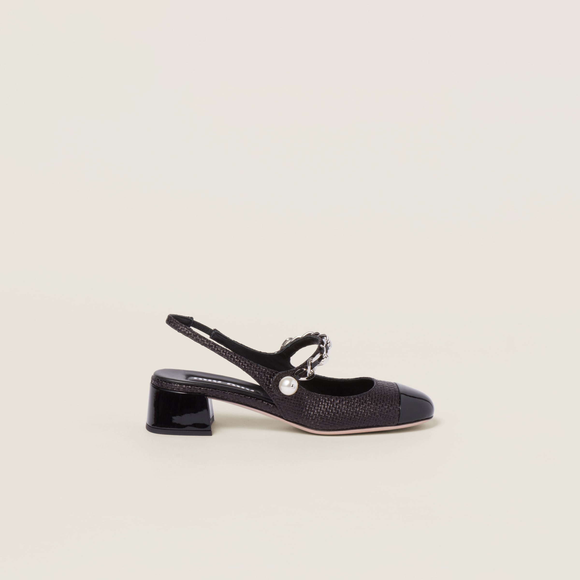 Black Patent Leather And Raffia Slingback Pumps | Miu Miu