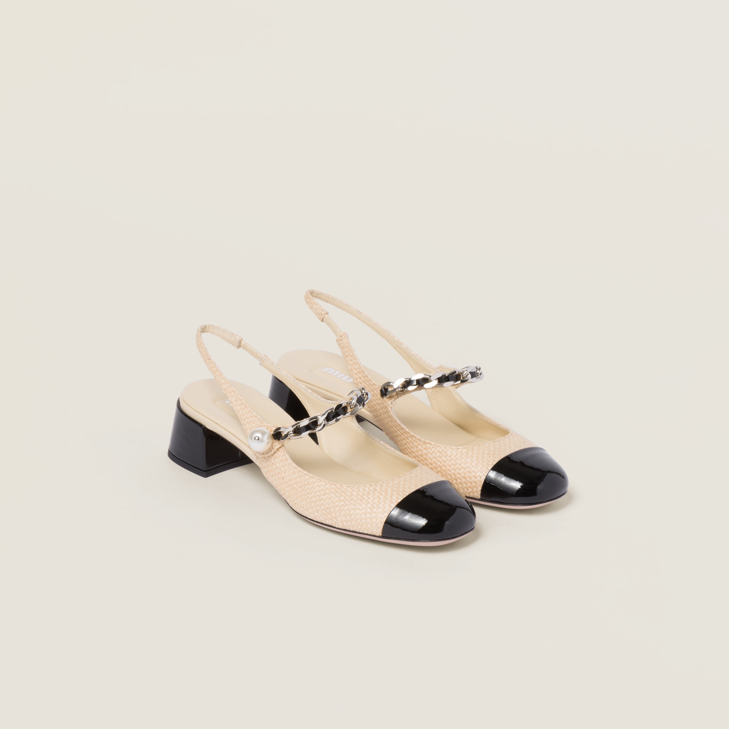 Miumiu Patent Leather And Raffia Slingback Pumps In Tan/black