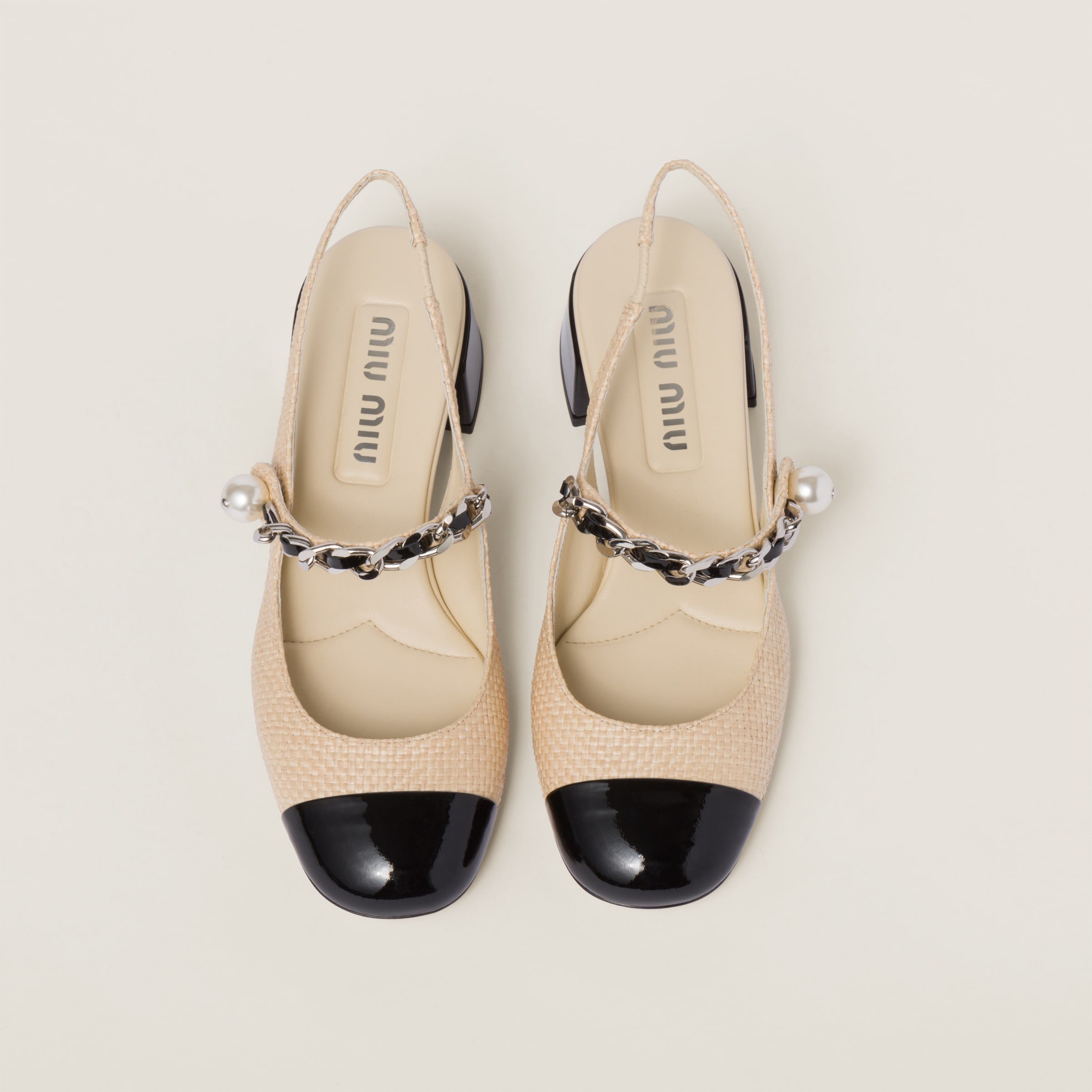 Tan/black Patent Leather And Raffia Slingback Pumps | Miu Miu Tan/black Patent Leather And Raffia Slingback Pumps | Miu Miu