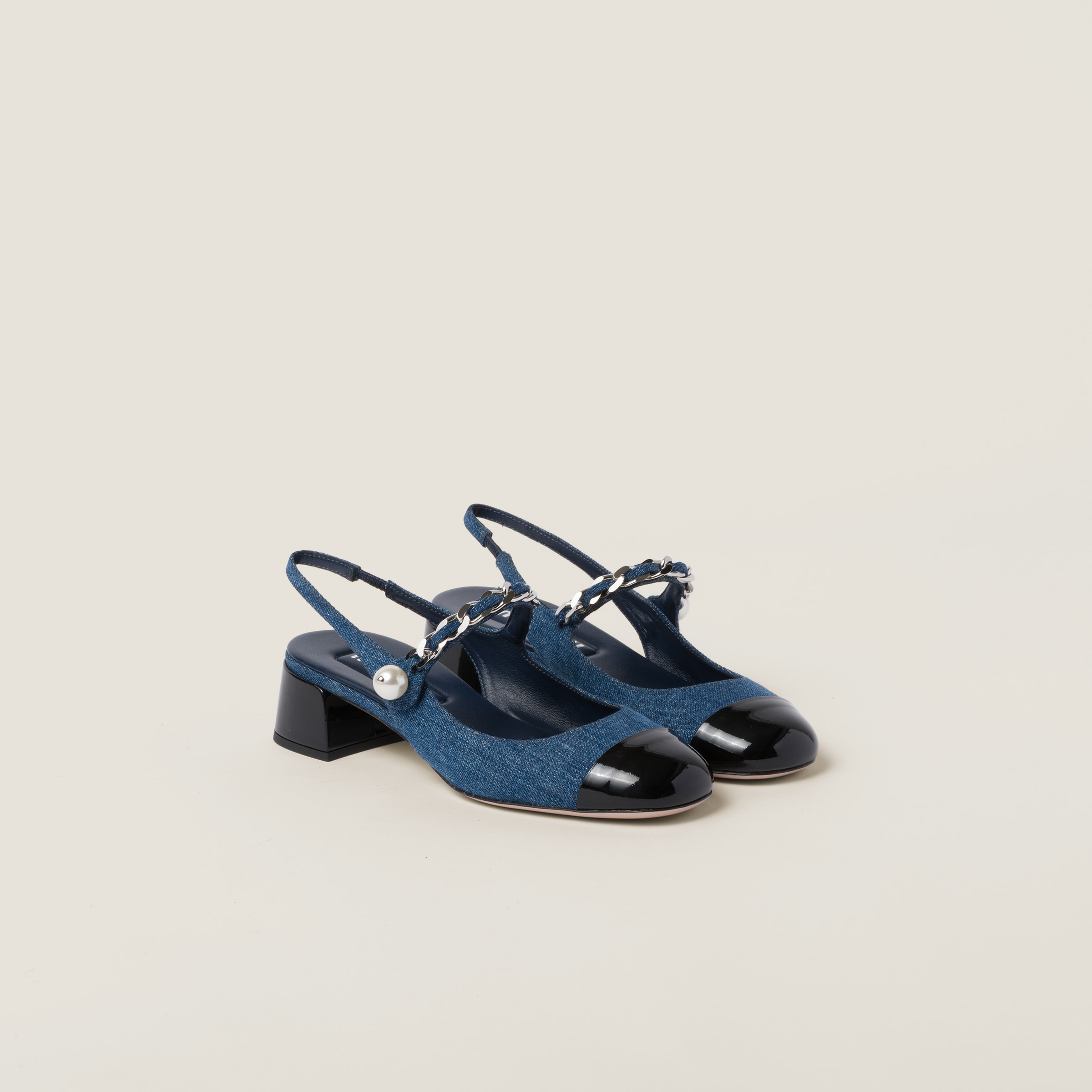 Shop Miu Miu Denim And Patent Leather Slingback Pumps In Denim/black