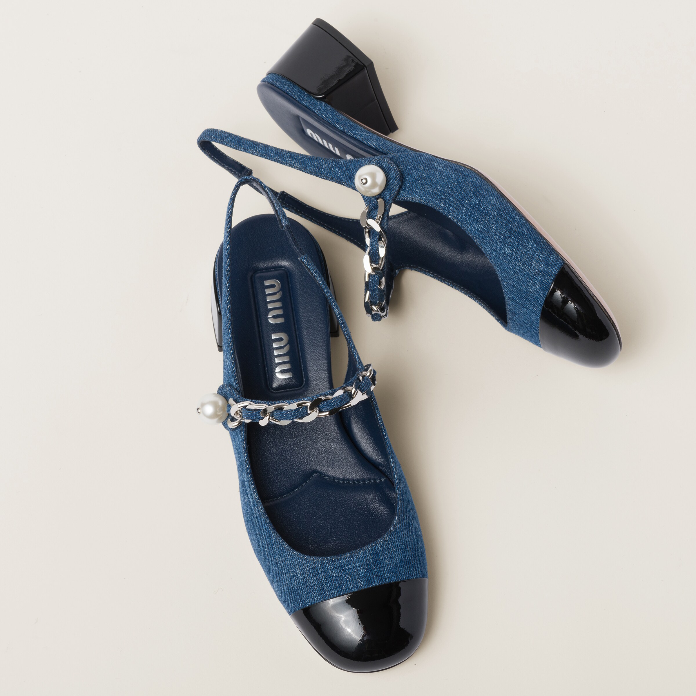 Denim black Denim And Patent Leather Slingback Pumps Miu Miu