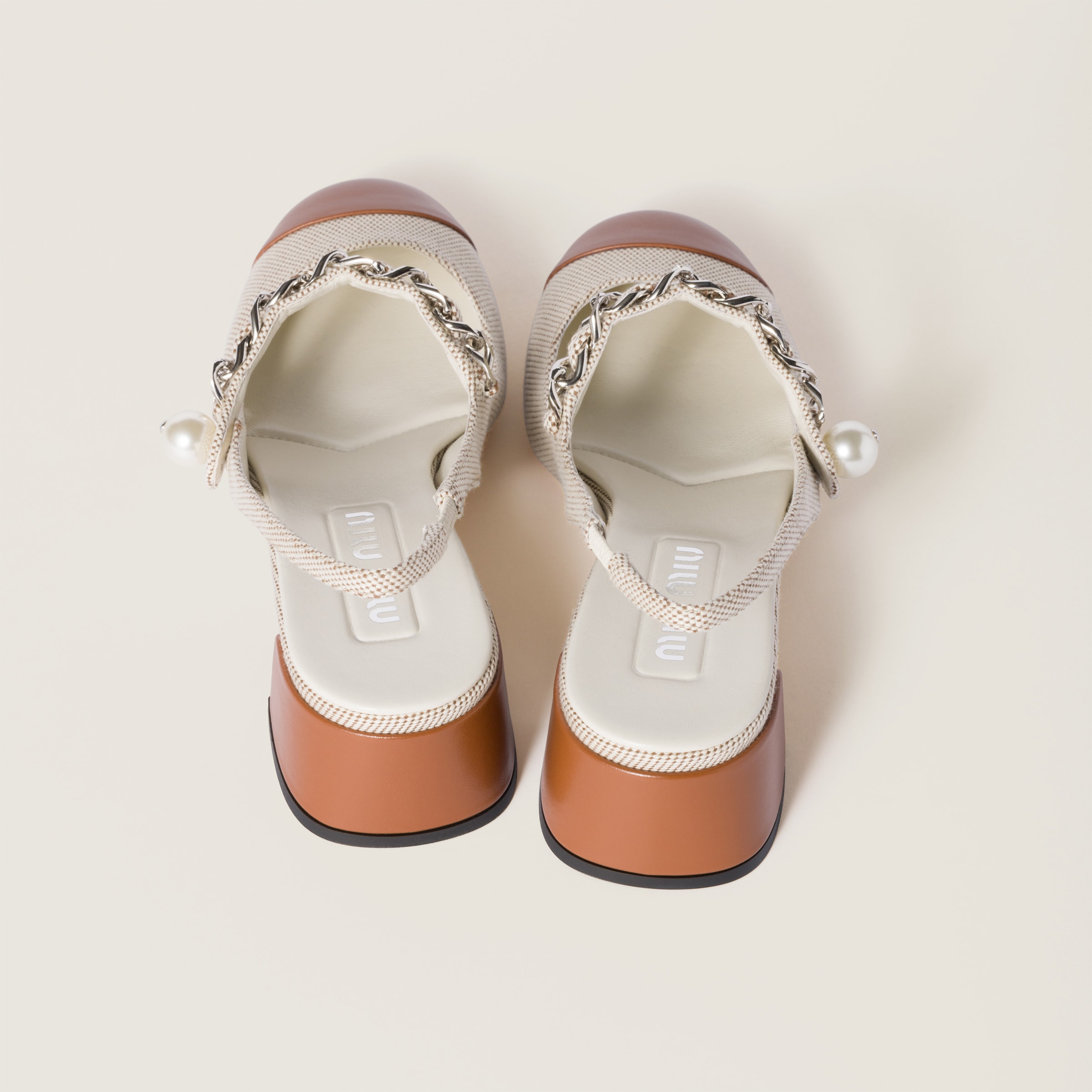 Miu Miu Canvas And Leather Slingback Pumps In Beige/brandy