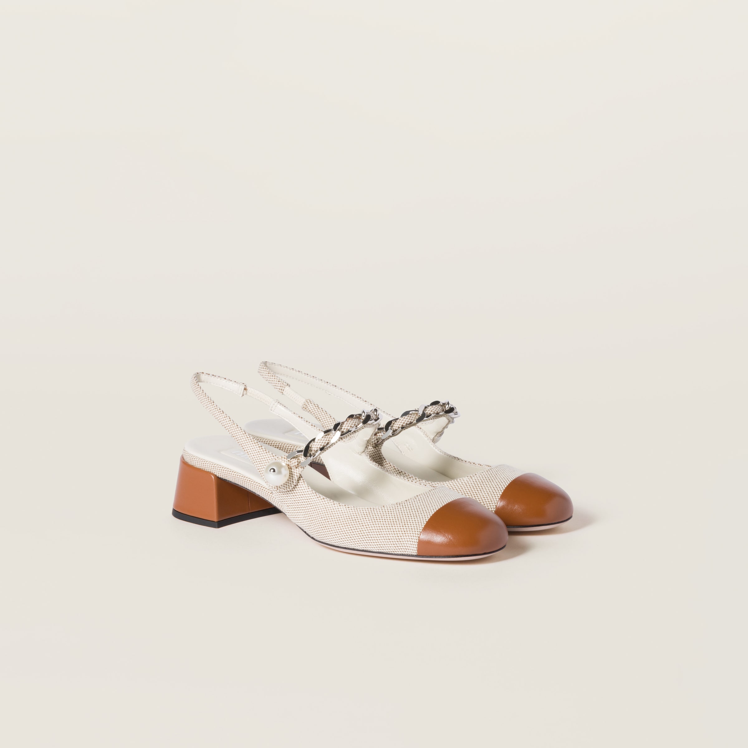 Miu Miu Canvas And Leather Slingback Pumps In Beige/brandy
