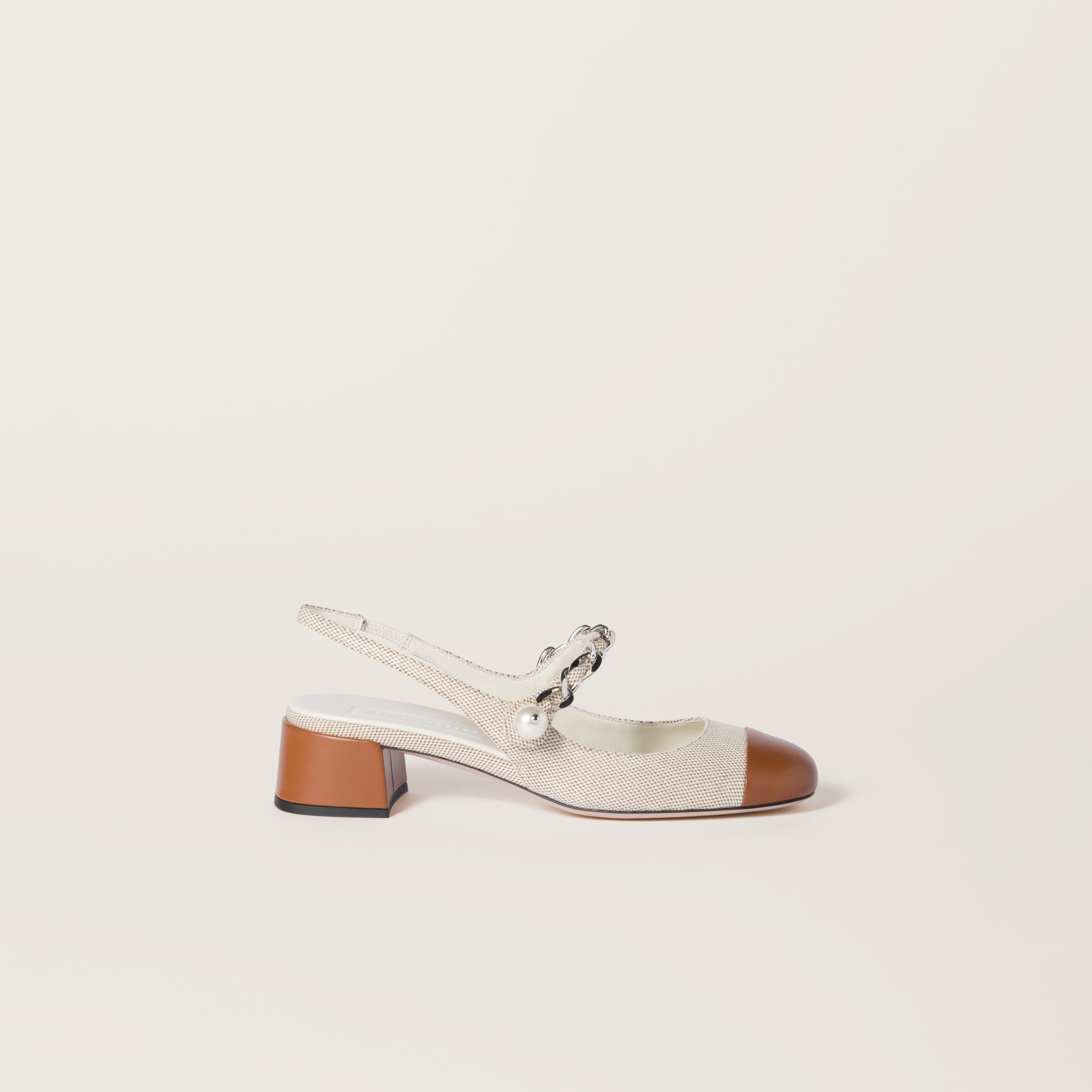 Miu Miu Canvas And Leather Slingback Pumps In Beige/brandy