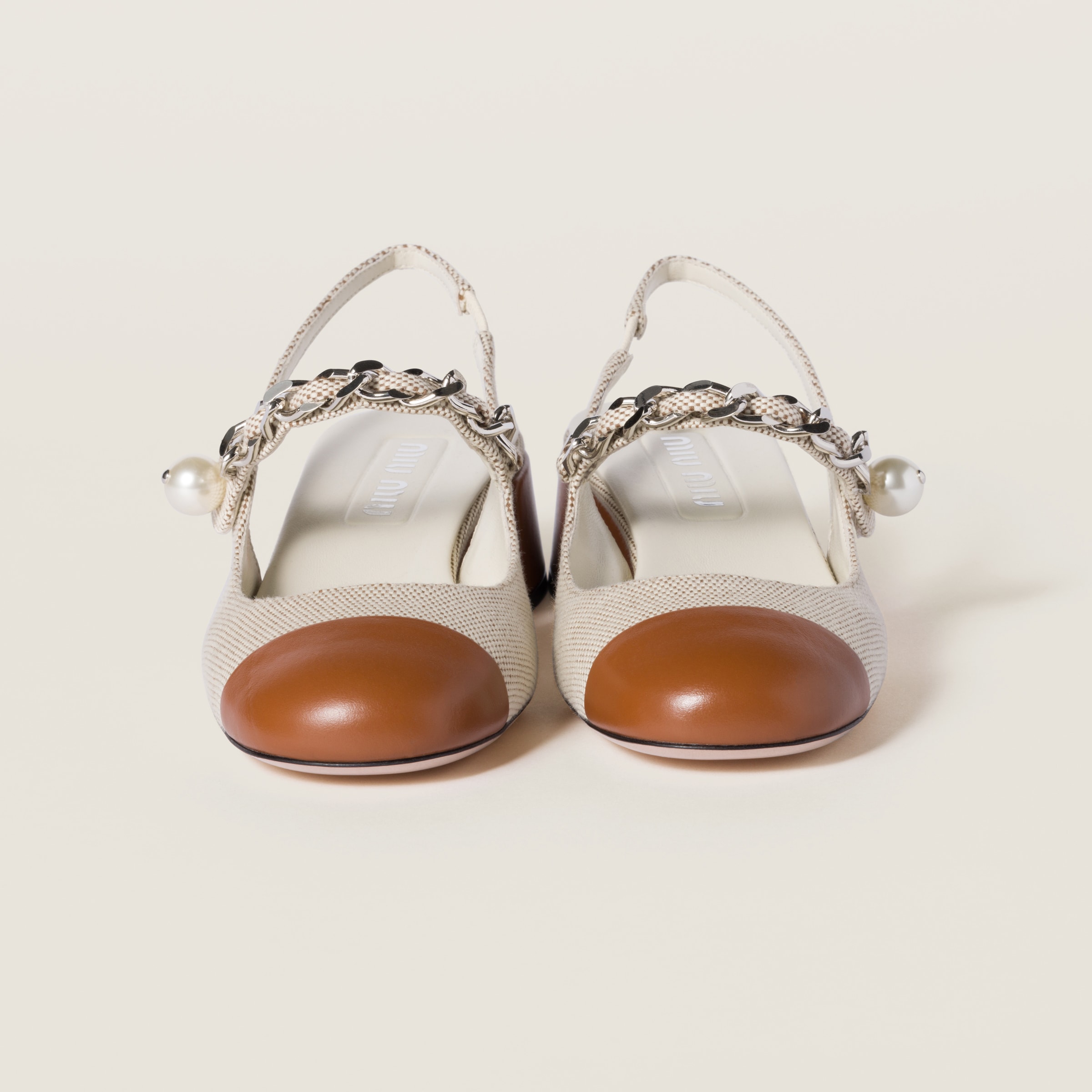 Miu Miu Canvas And Leather Slingback Pumps In Beige/brandy