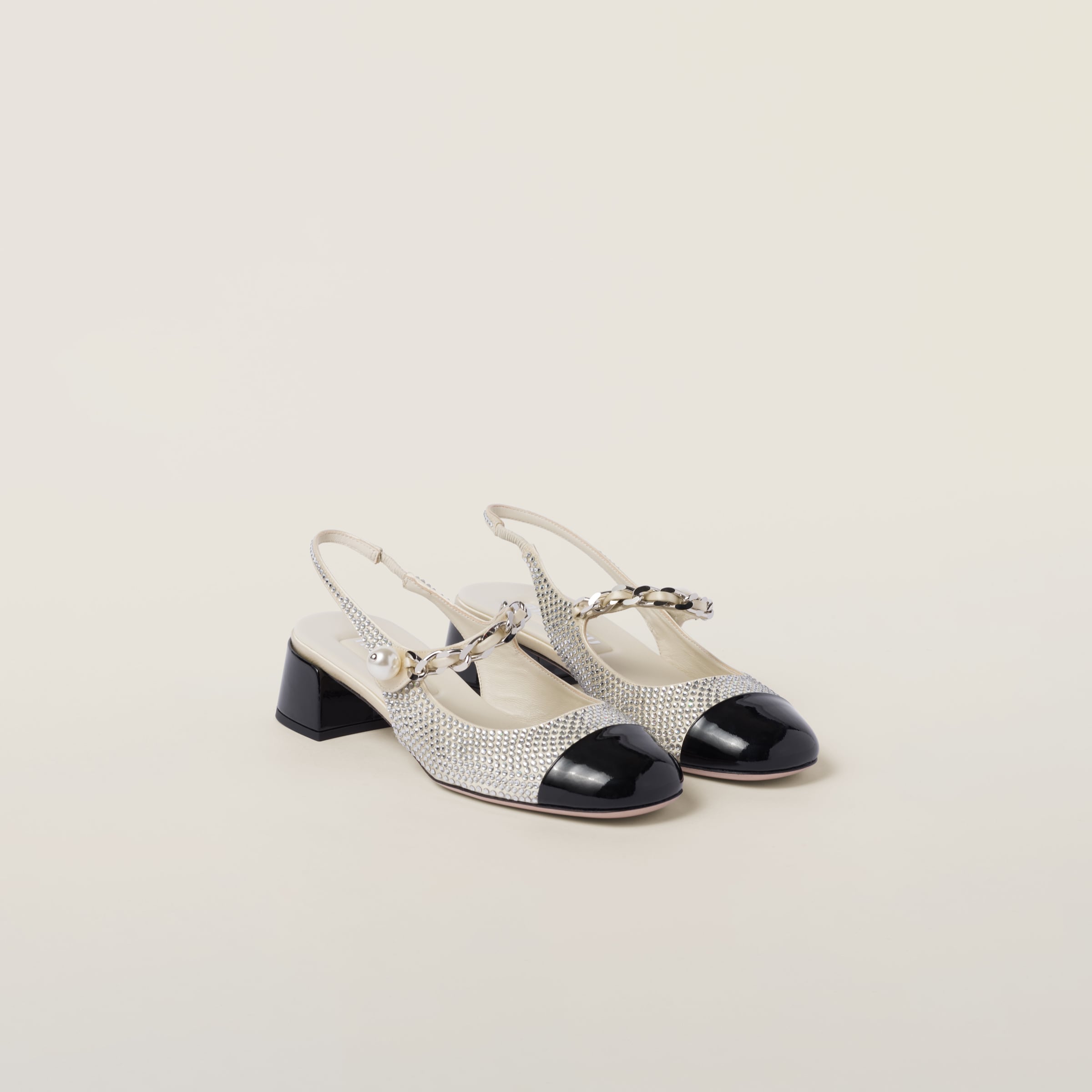 Miu Miu Satin And Crystal Slingback Pumps In Ivory/black