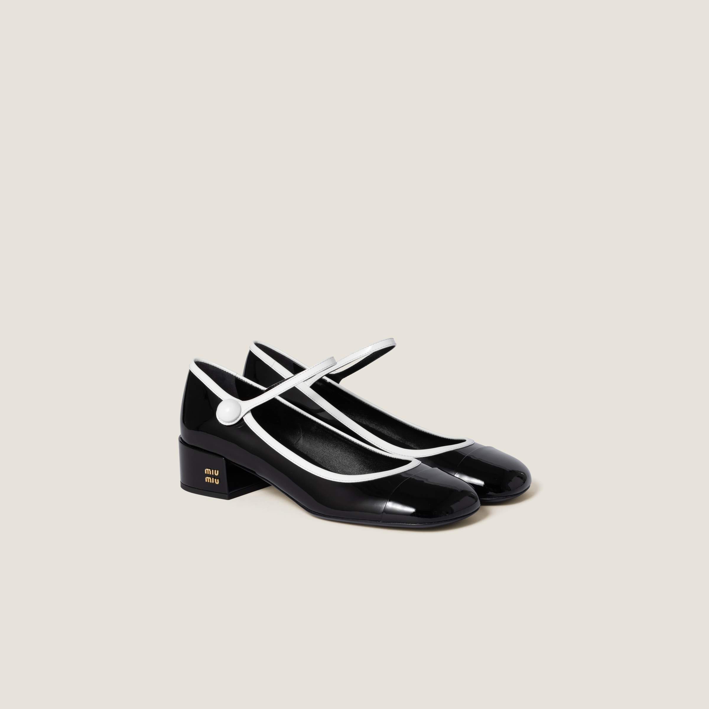 Miu Miu Leather Block Heel Pumps With Patent Finish In Black/white