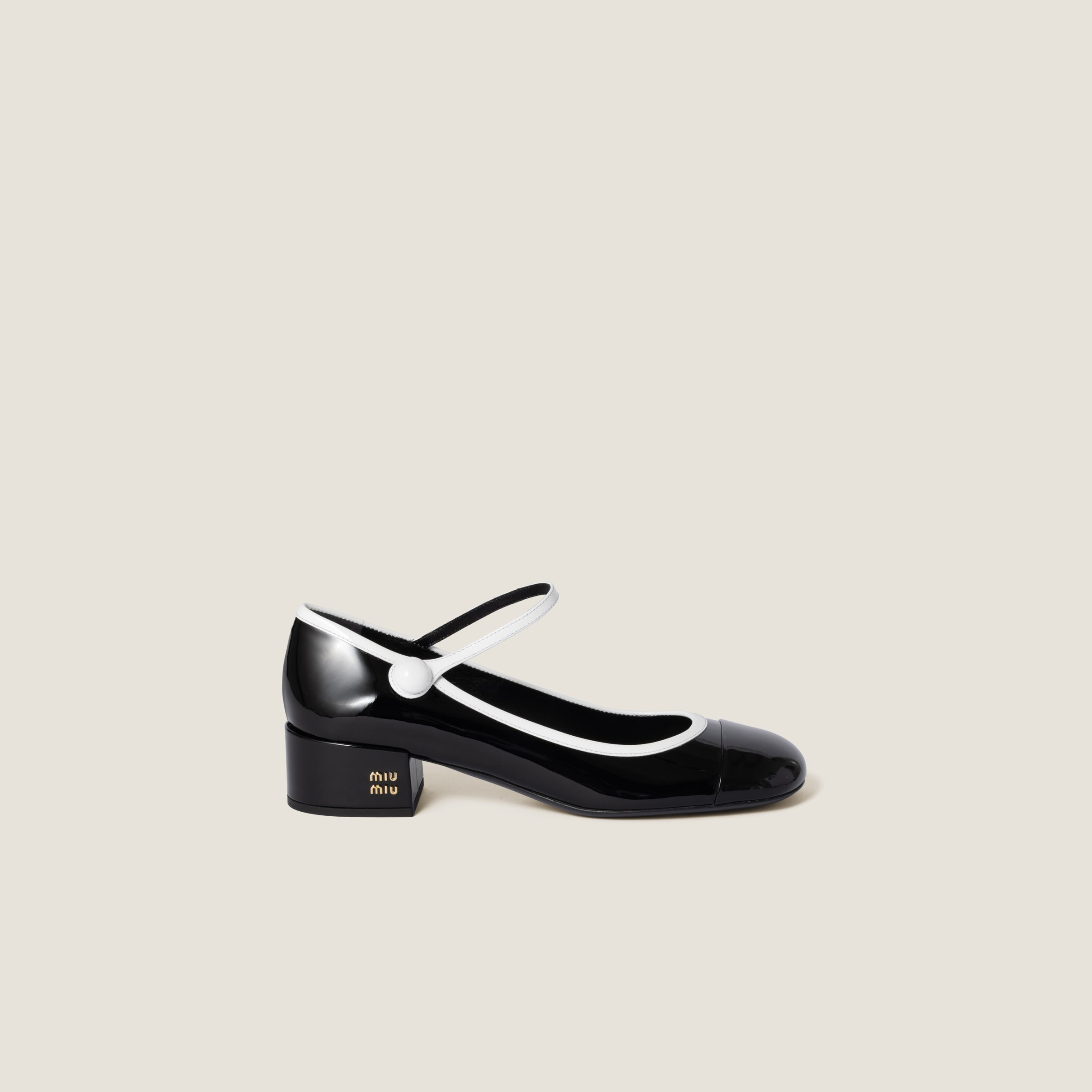 Miu Miu Leather Block Heel Pumps With Patent Finish In Black/white