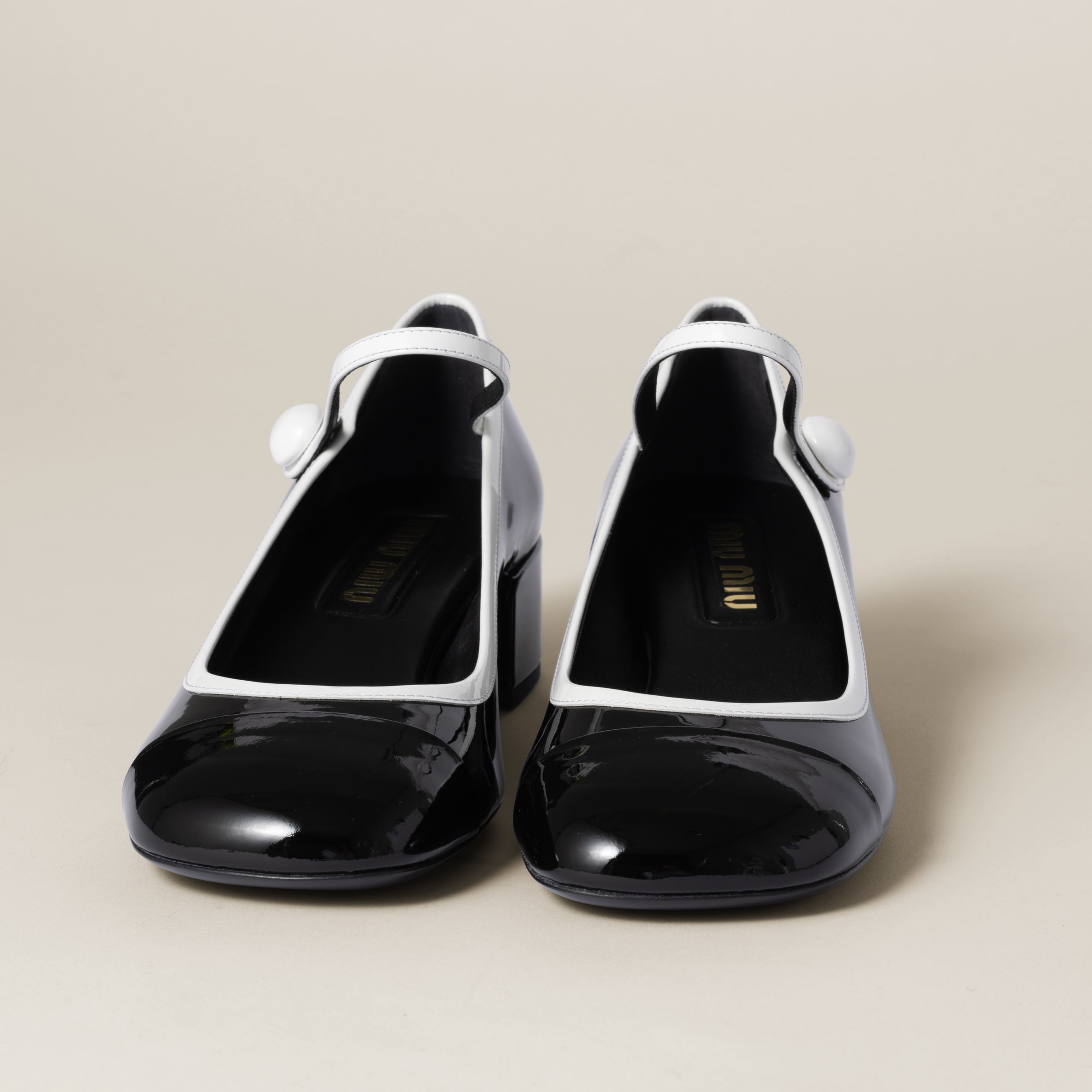 Miu Miu Leather Block Heel Pumps With Patent Finish In Black/white