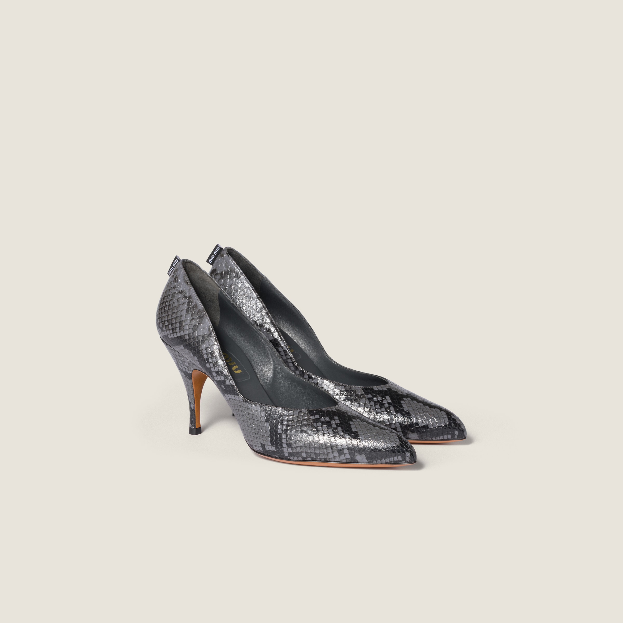 Miu Miu Python-print Ayers Leather Pumps In Gray