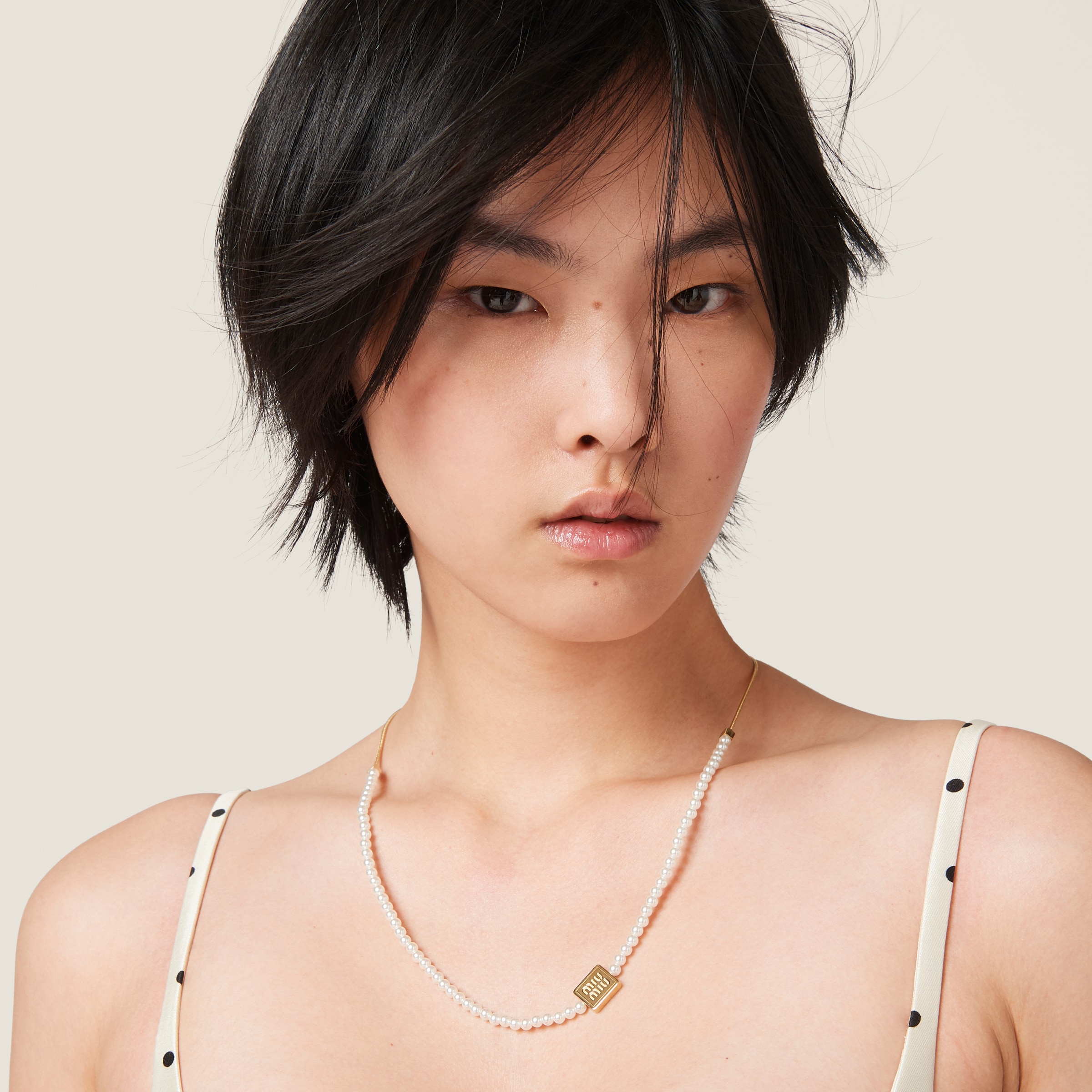 Shop Miumiu Metal Choker With Artificial Pearls In Gold/cream