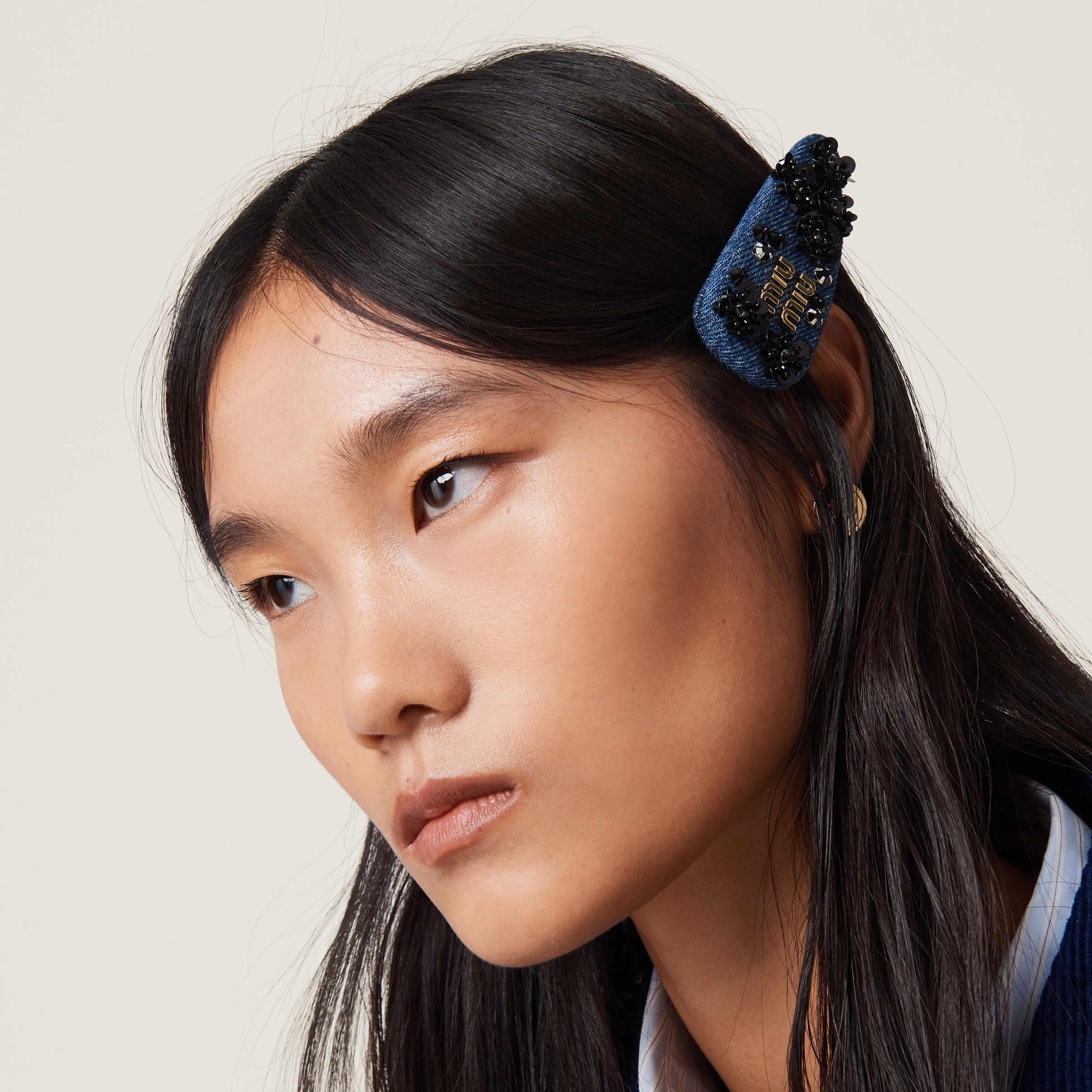 Shop Miumiu Denim Hair Clip In Blue/black