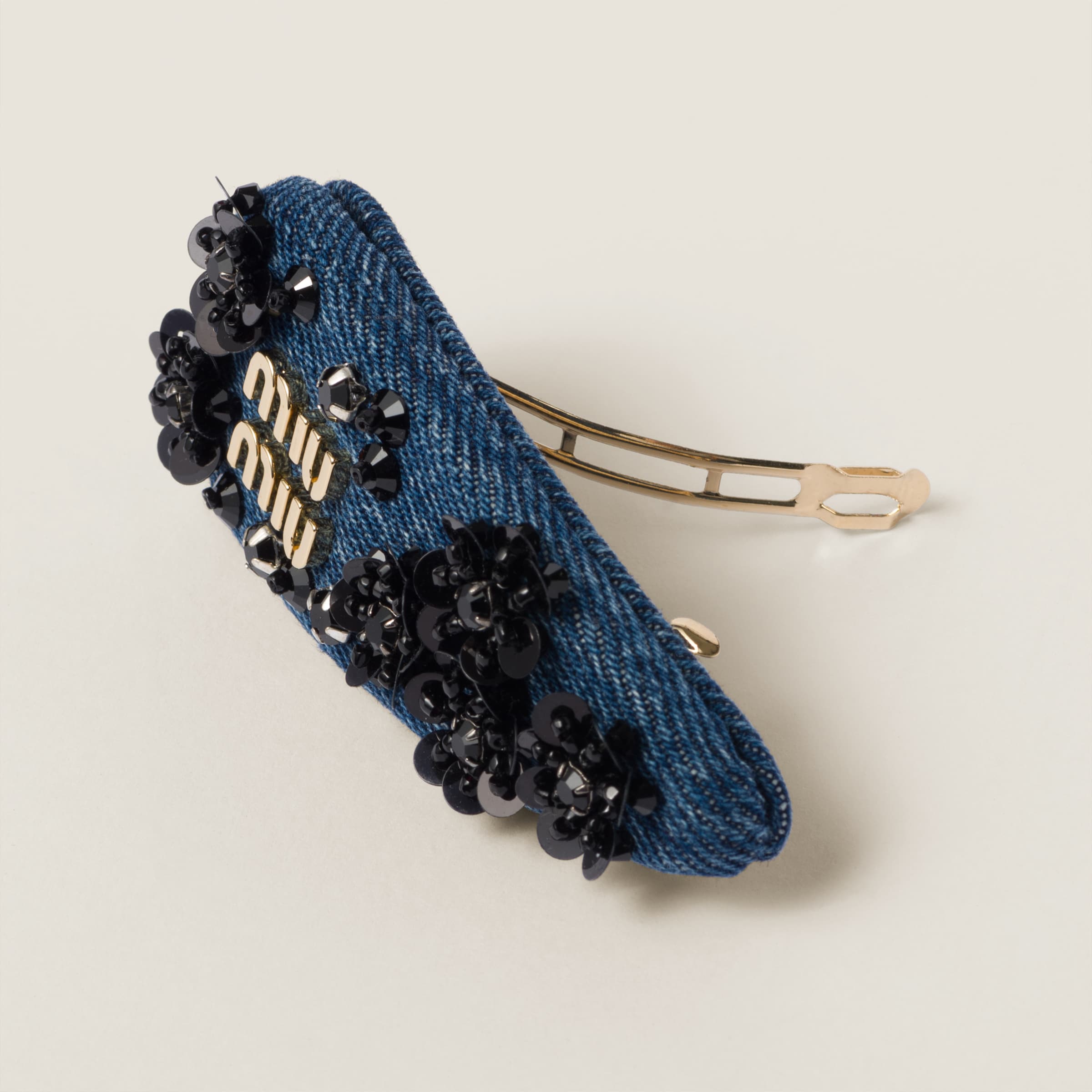 Shop Miumiu Denim Hair Clip In Blue/black