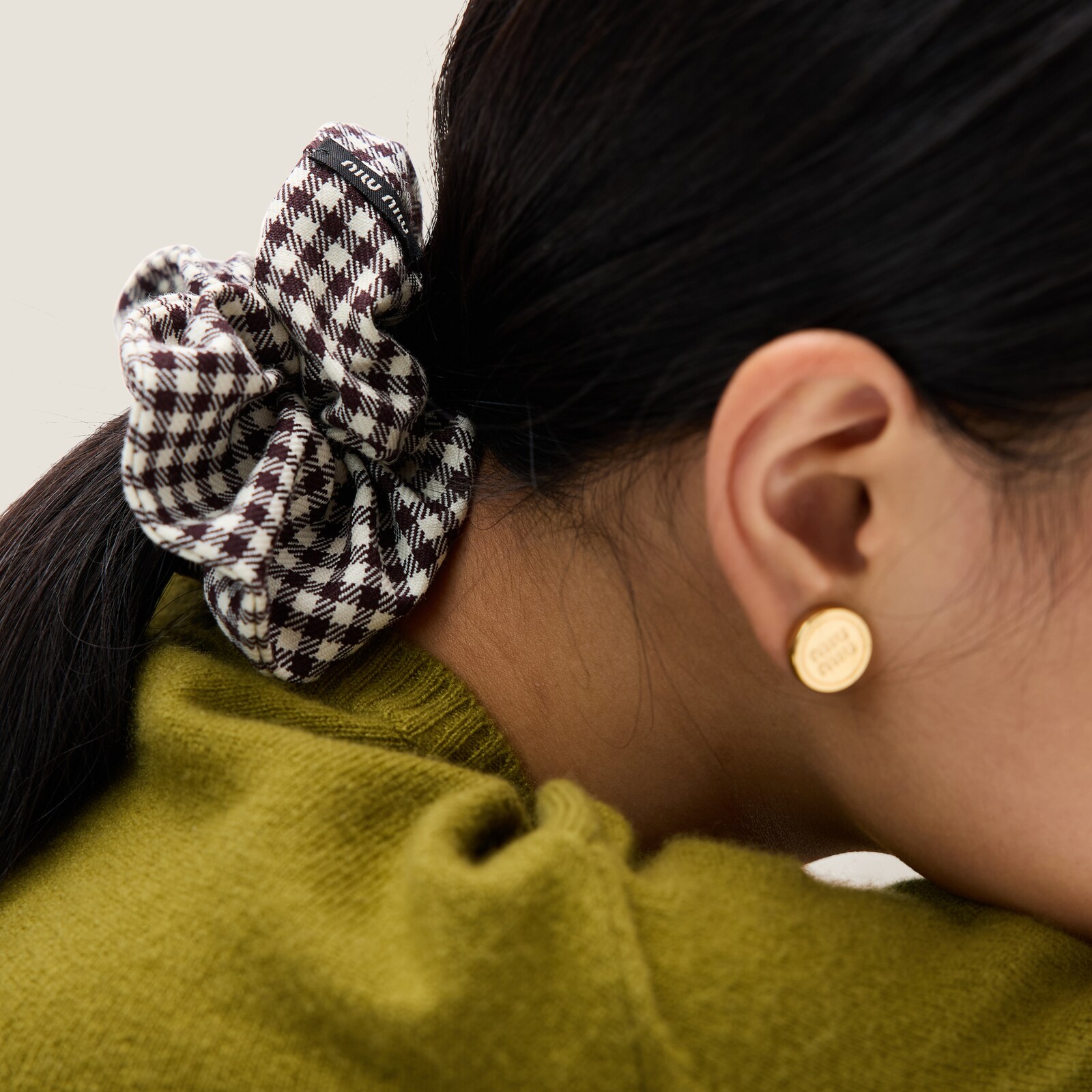 White/burgundy Gingham Wool Scrunchie Miu Miu