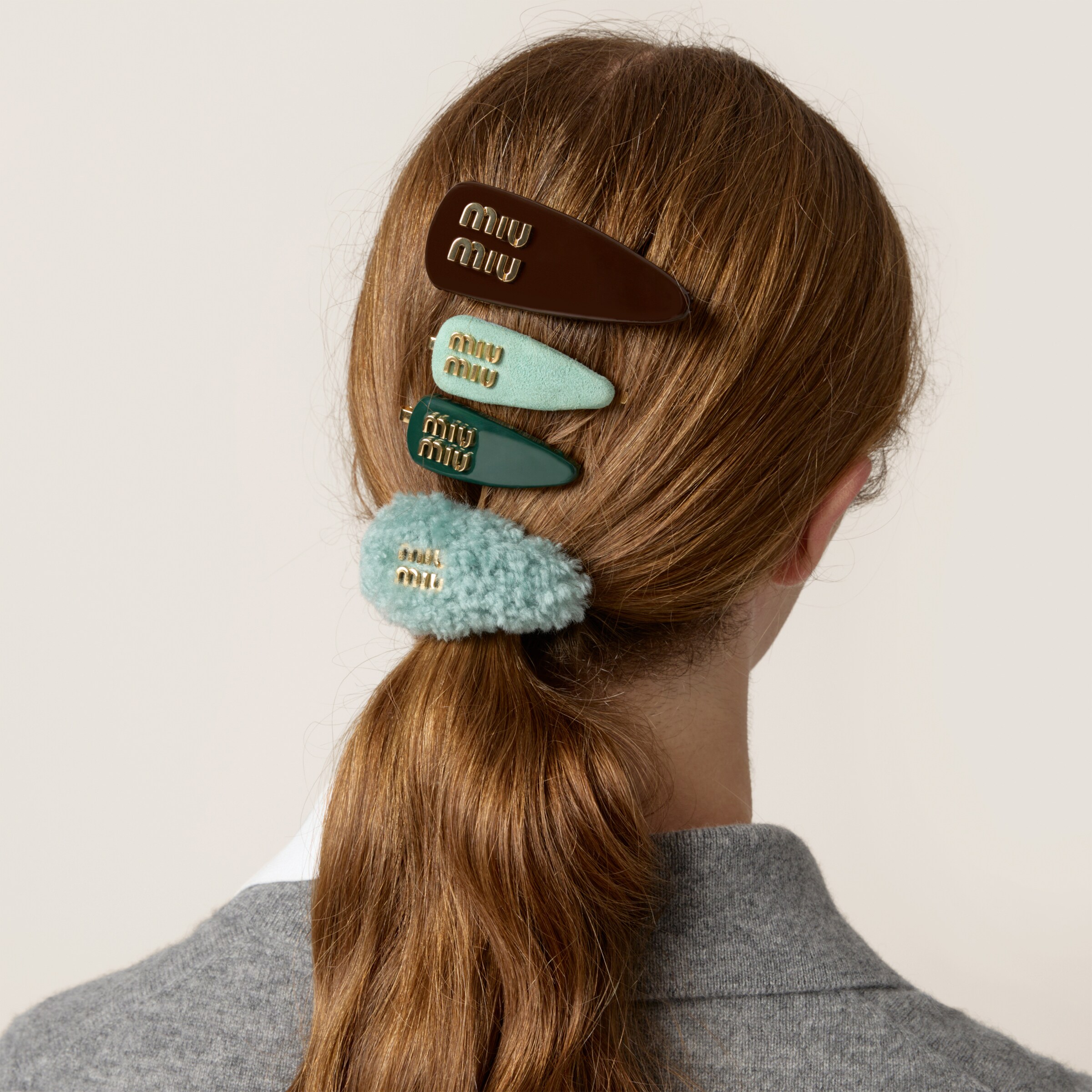 ダークグリーン レザーxスエードxシアリング ヘアクリップ