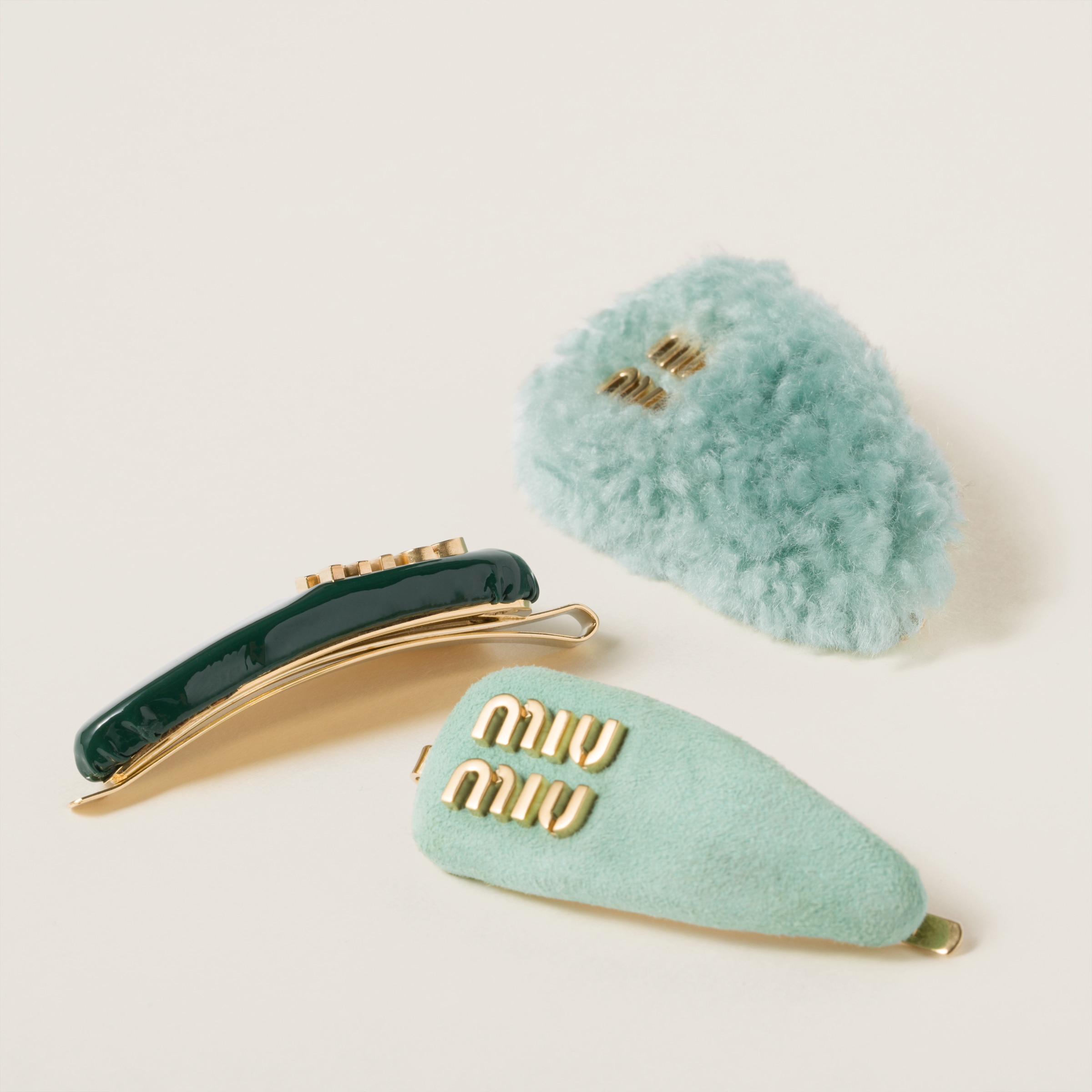 ダークグリーン レザーxスエードxシアリング ヘアクリップ
