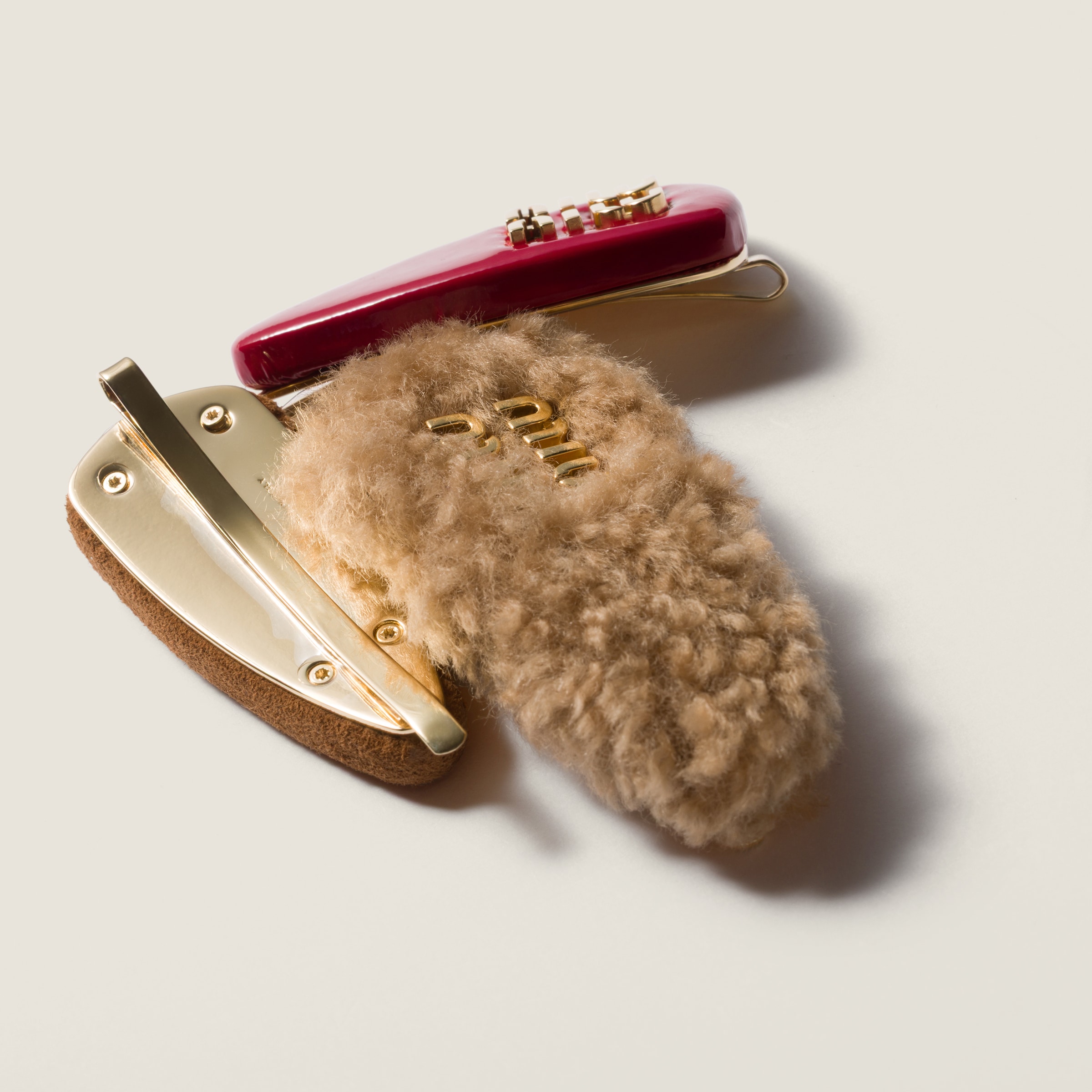 Miu Miu Set Of Leather, Suede, And Shearling Hair Clips In Brown