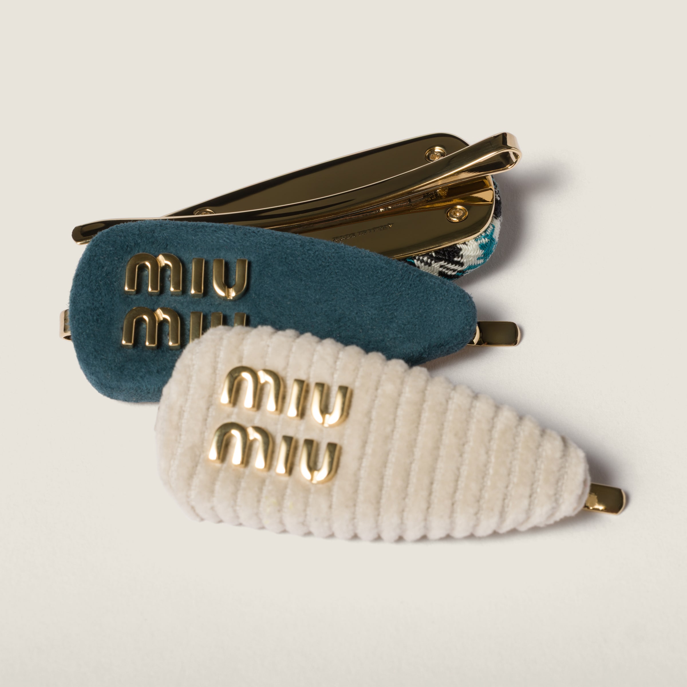 Miu Miu Checked Fabric, Corduroy And Suede Hair Barrettes In Multi