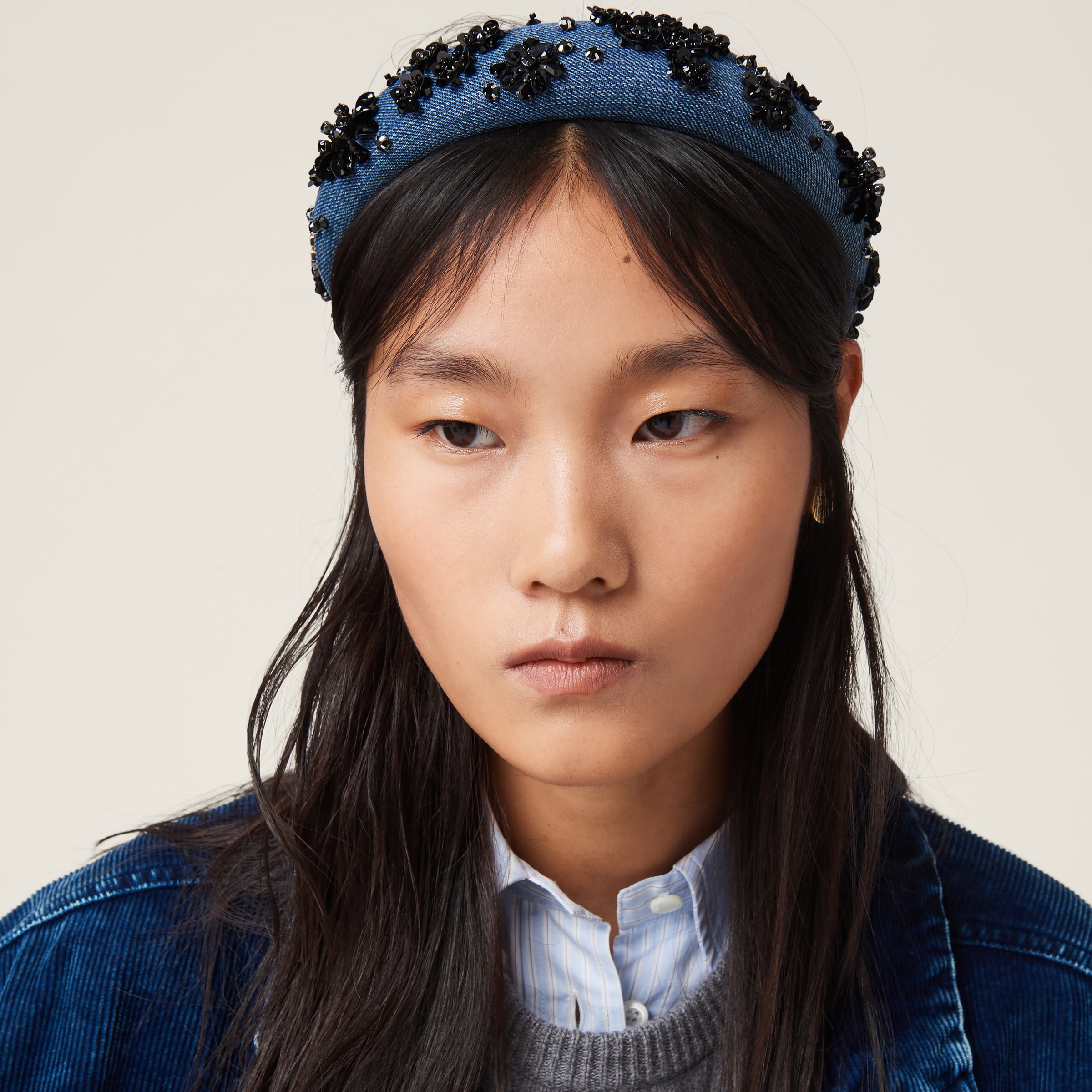 Shop Miumiu Denim Headband In Blue/black