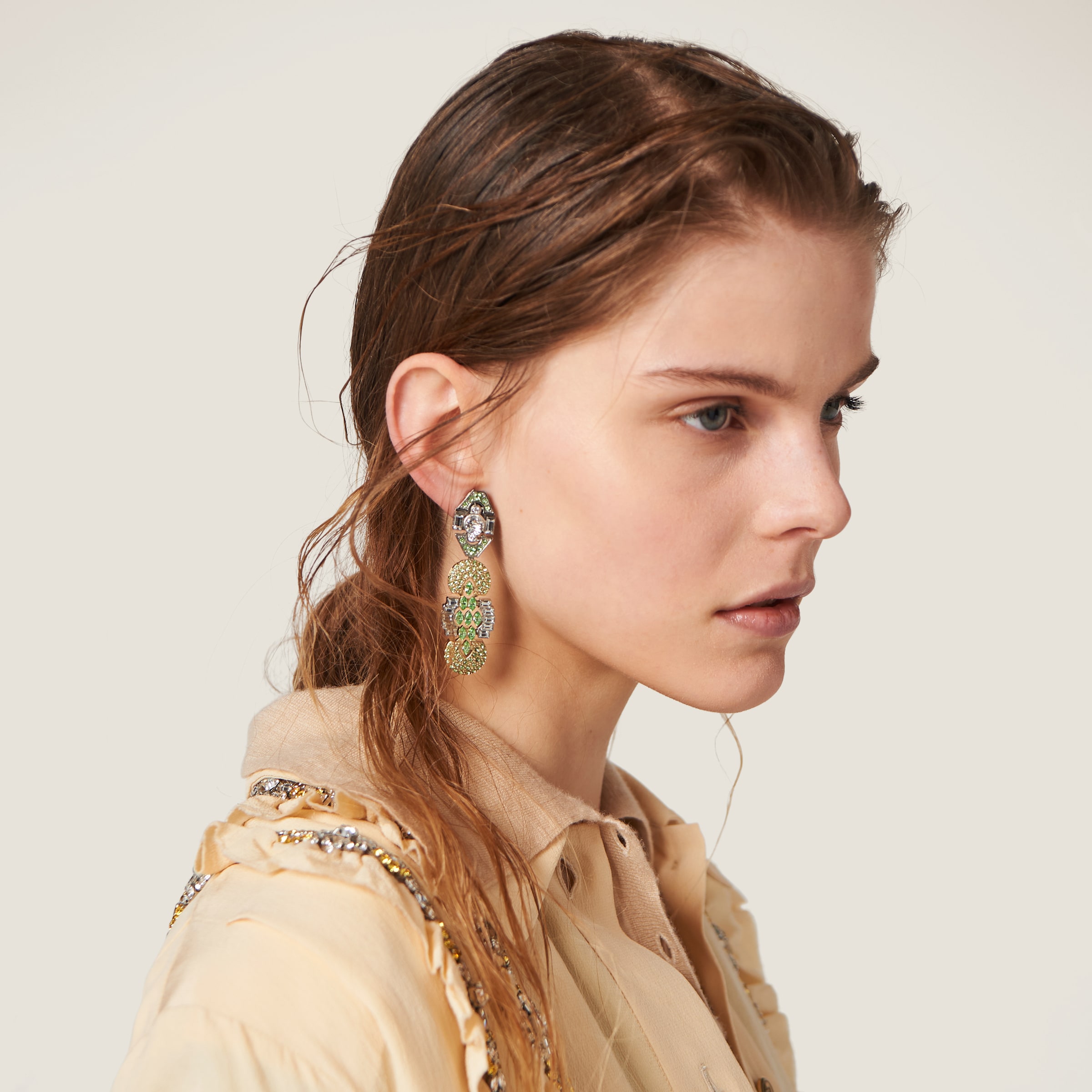 Shop Miumiu Metal Earrings With Crystals In Peridot