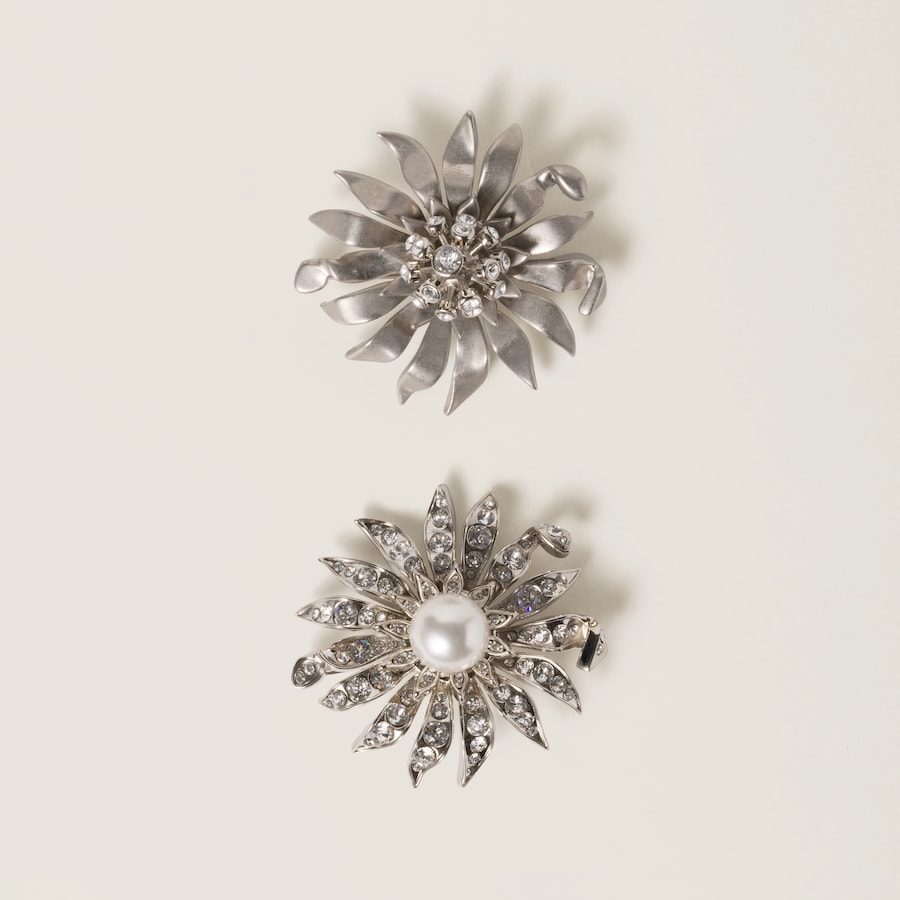Steel/crystal/cream Metal Brooches With Crystals And Pearl | Miu Miu