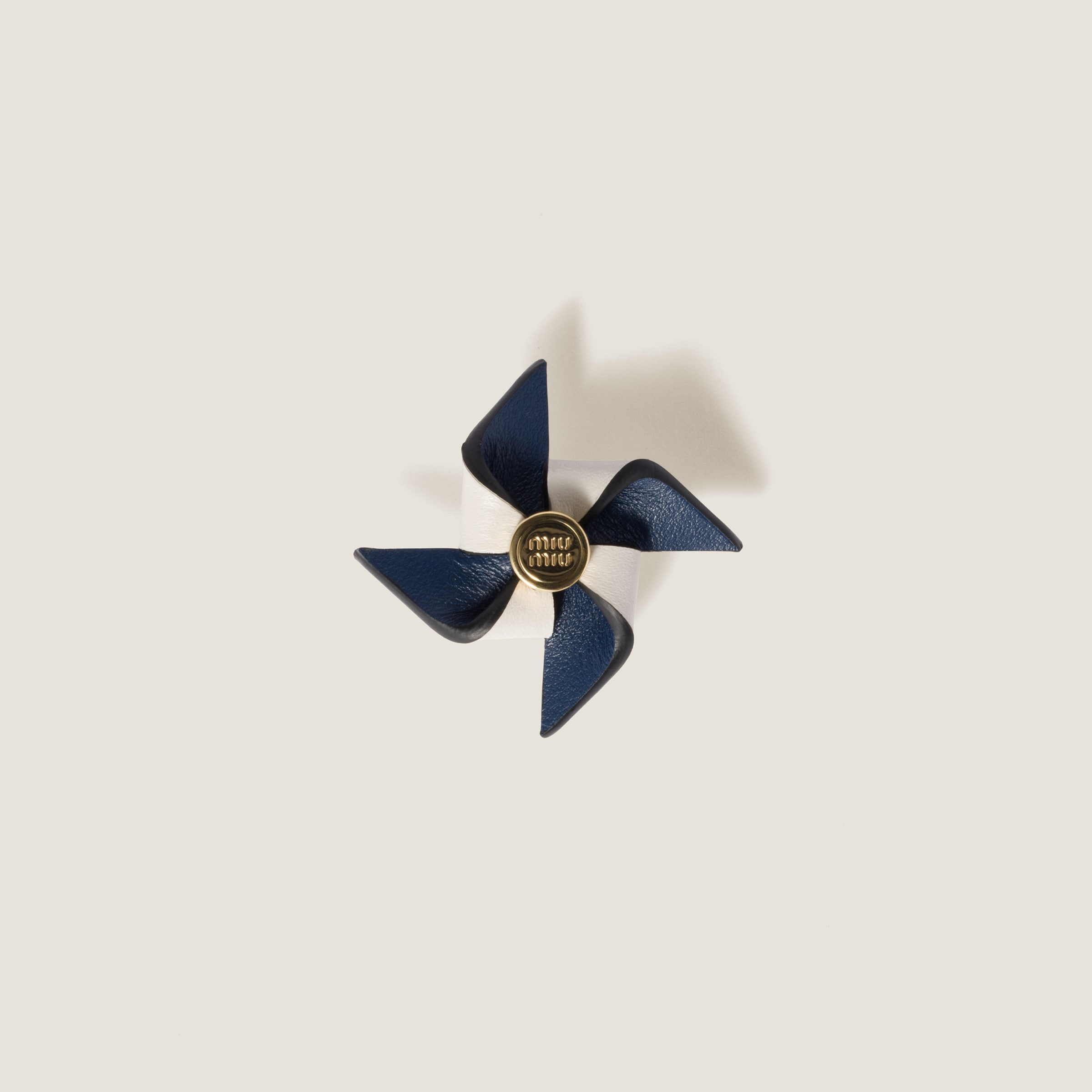 Miu Miu Leather Pinwheel Brooch In Bright Blue/white