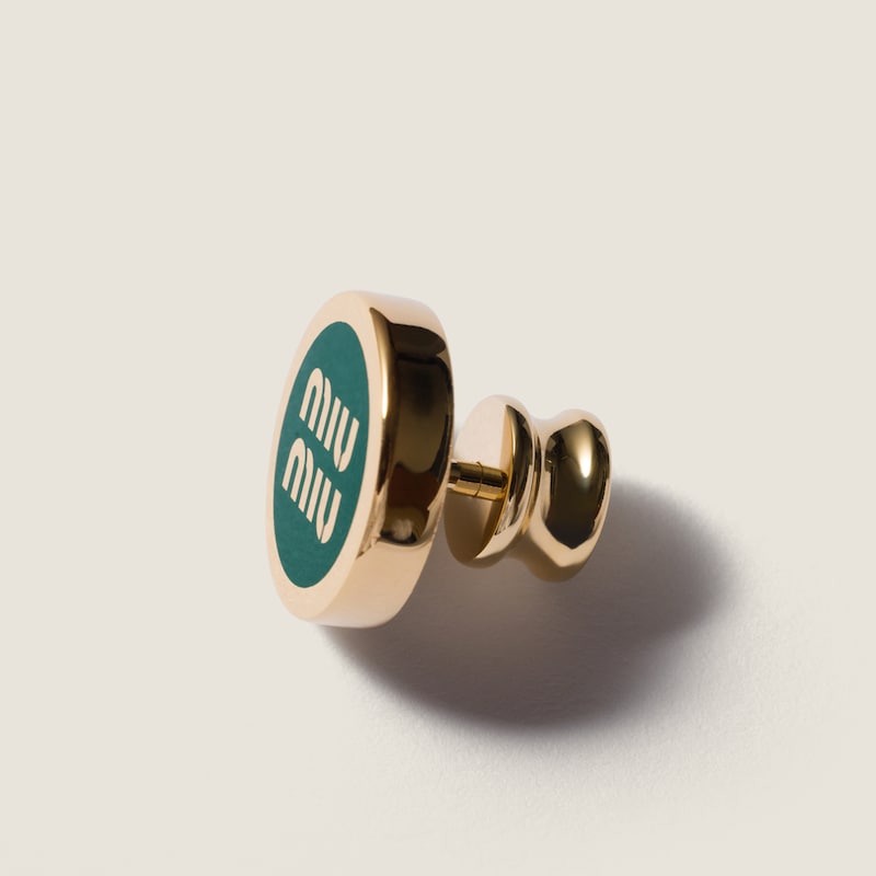 Enameled metal logo brooch