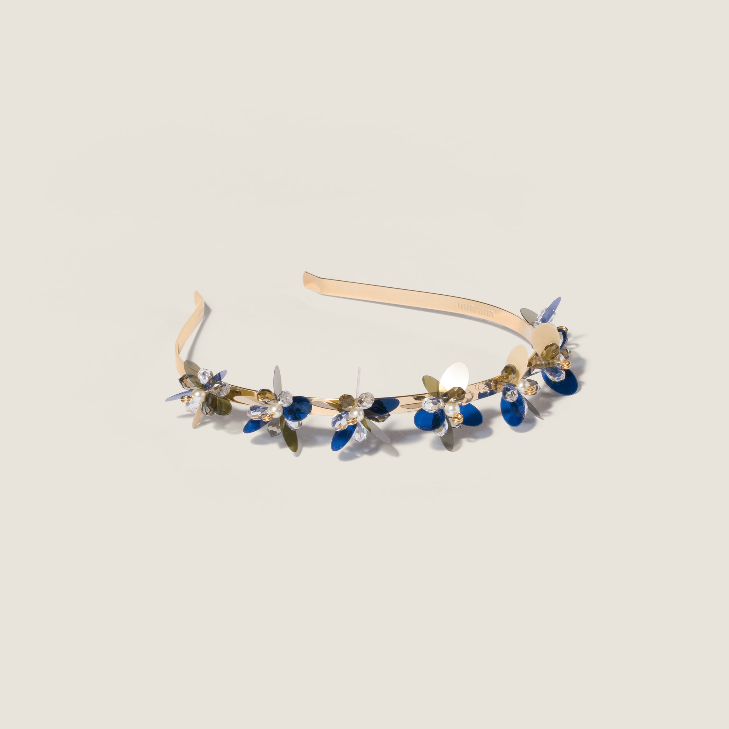 Metal, glass and sequin headband by Miu Miu