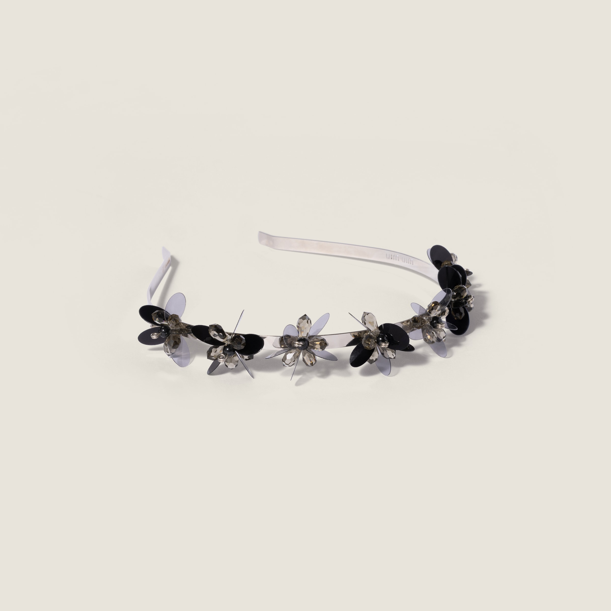 Metal, glass and sequin headband by Miu Miu