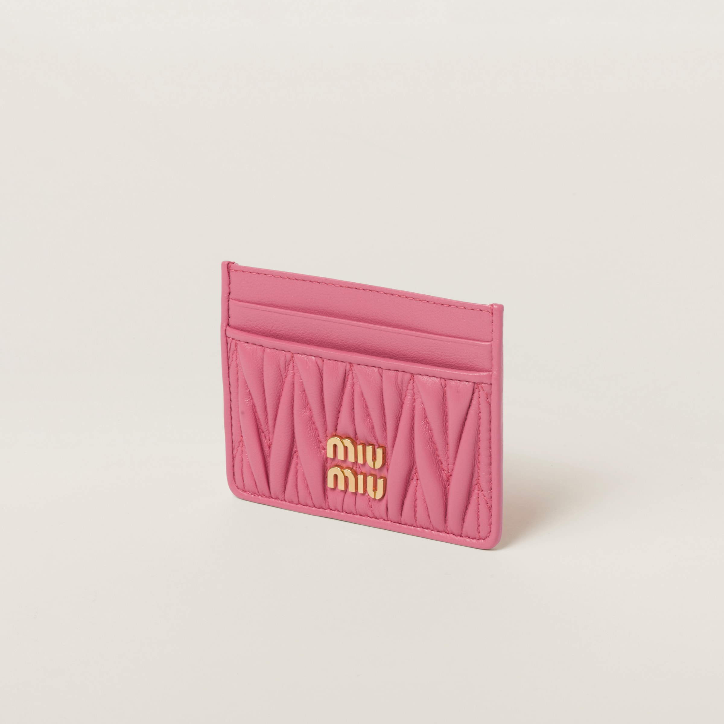MIUMIU 26S SMALL MATELASSE CARD HOLDER 11 IN PINK CALFSKIN GOLD HARDWARE