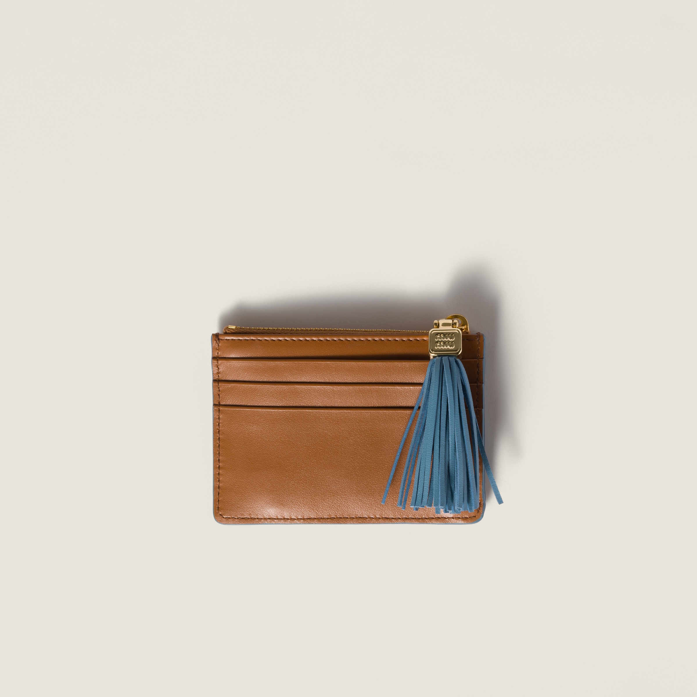 Cognac/astral Blue Leather Card Holder | Miu Miu - United States