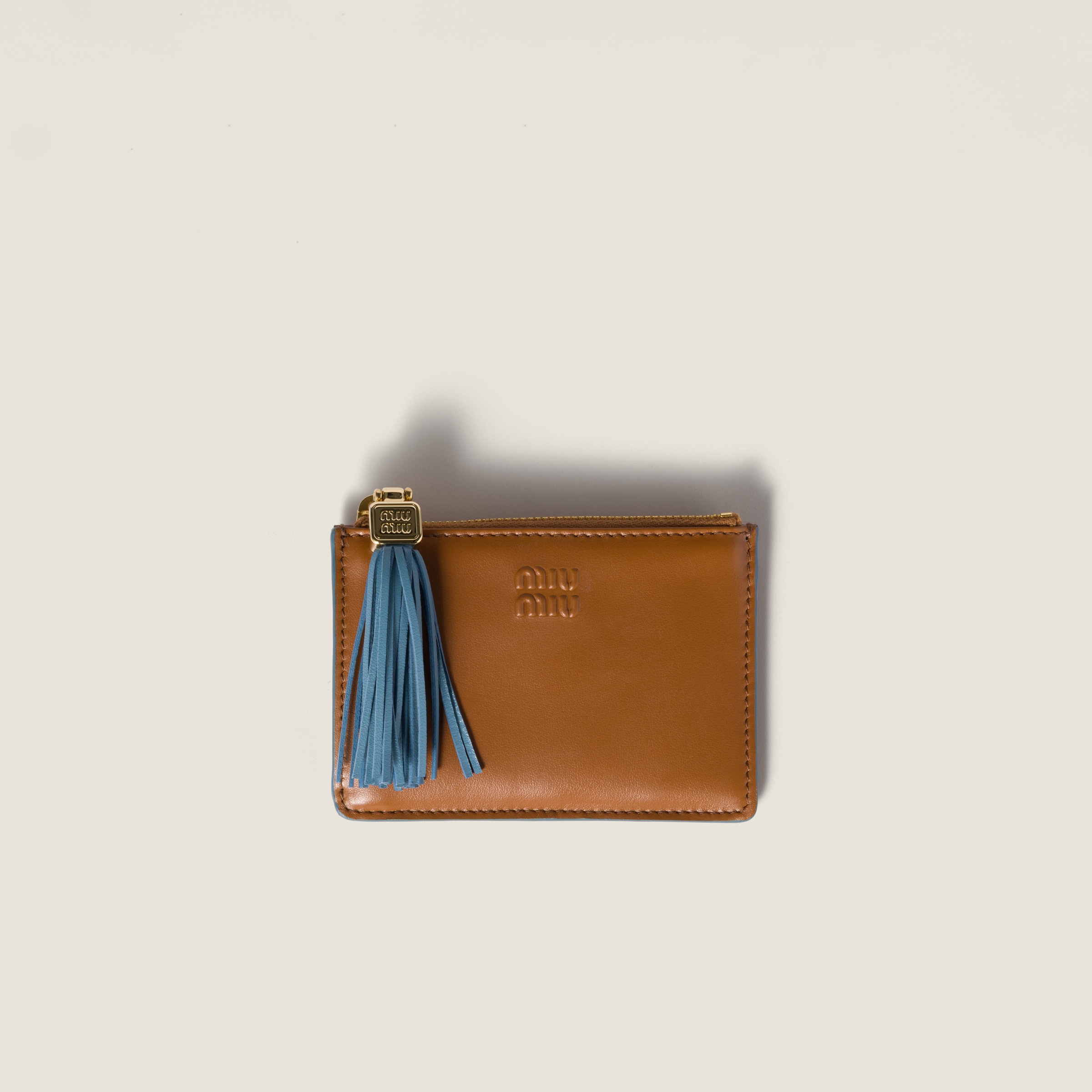 Cognac/astral Blue Leather Card Holder | Miu Miu