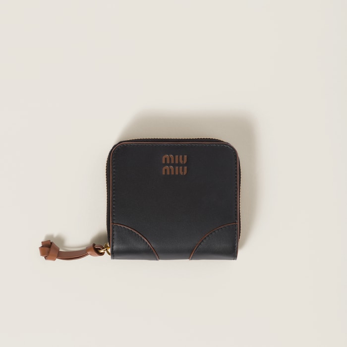 Black/cognac Small Leather Wallet | Miu Miu