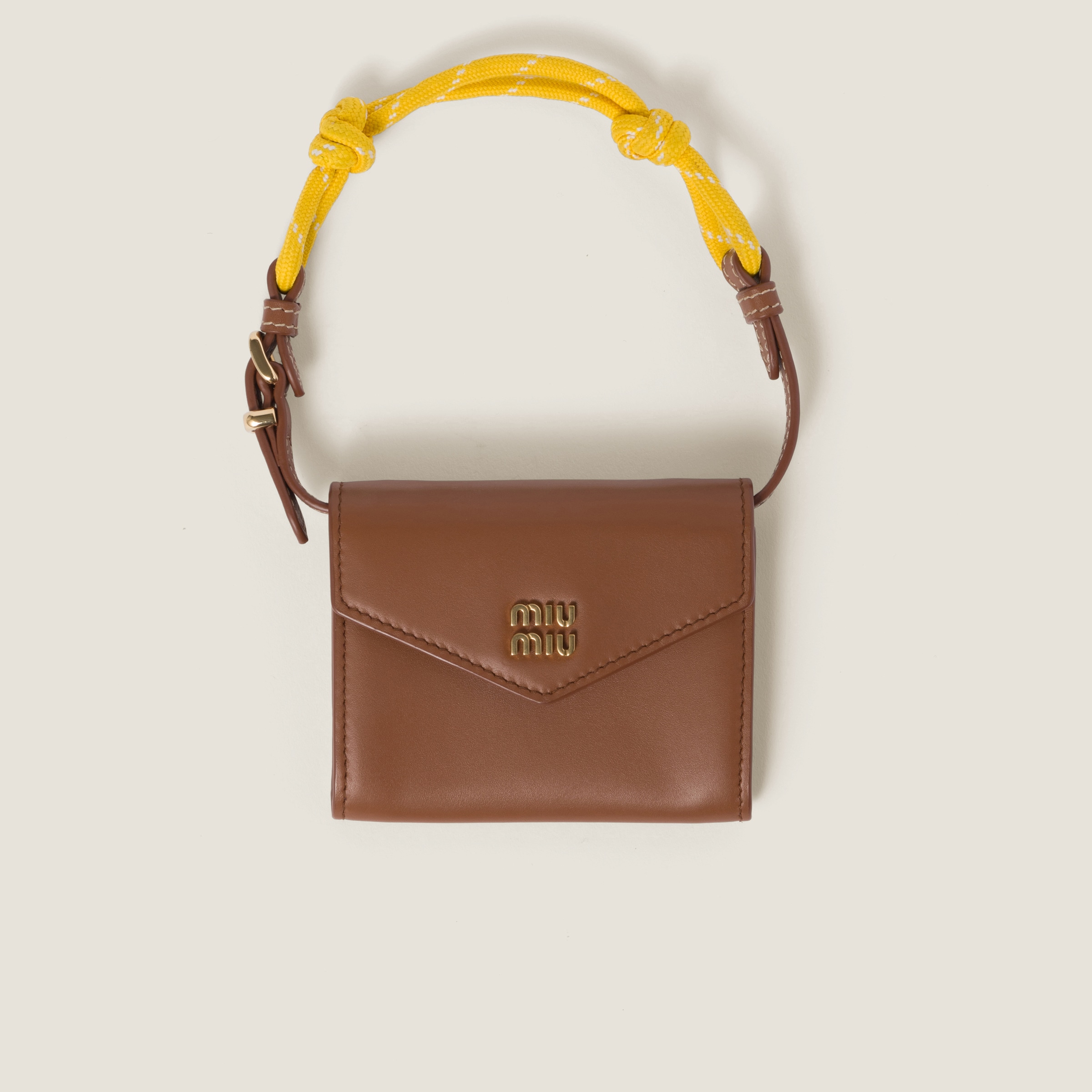 Miumiu Leather Wallet With Leather And Cord Shoulder Strap In Cognac/yellow