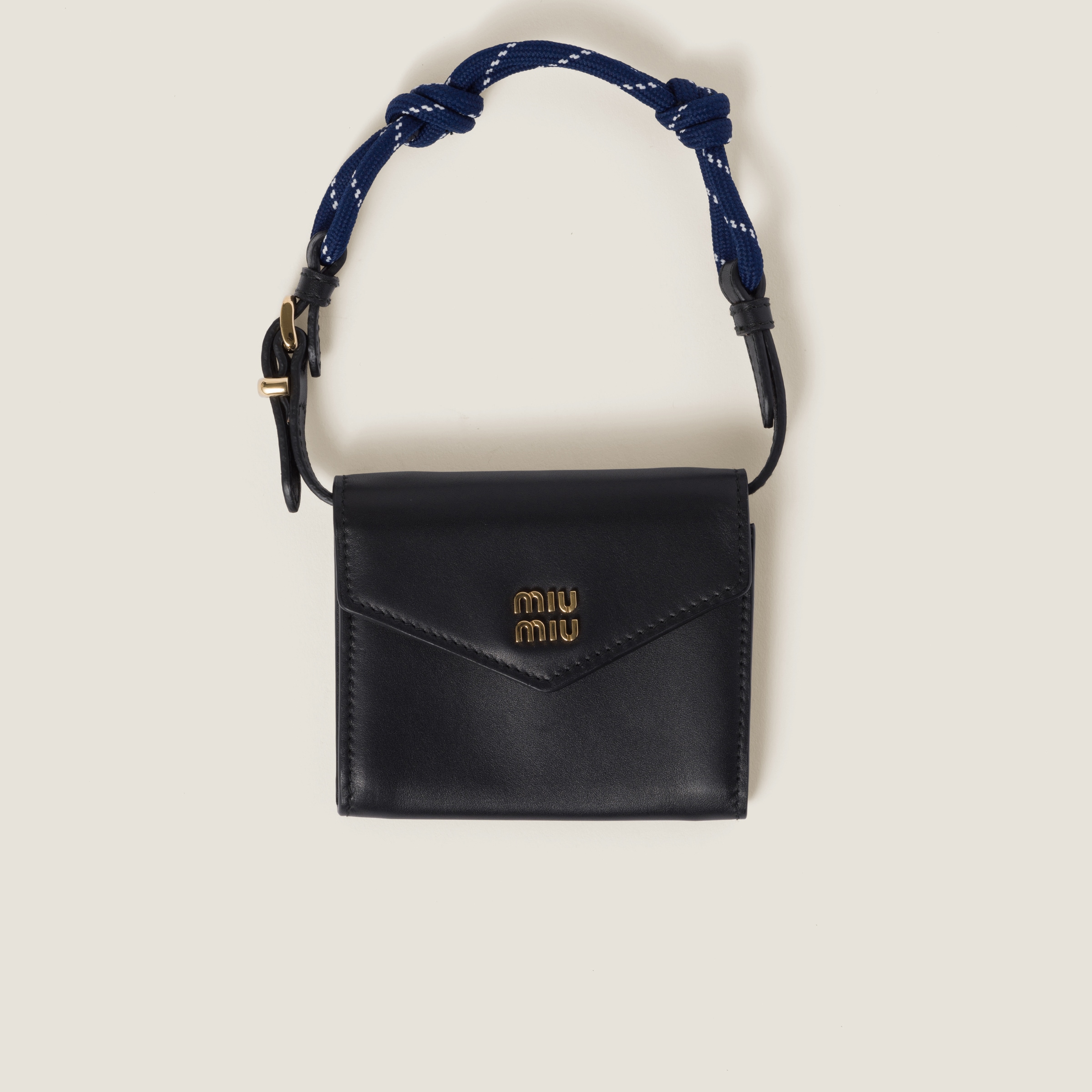 Miumiu Leather Wallet With Leather And Cord Shoulder Strap In Black/baltic Blue