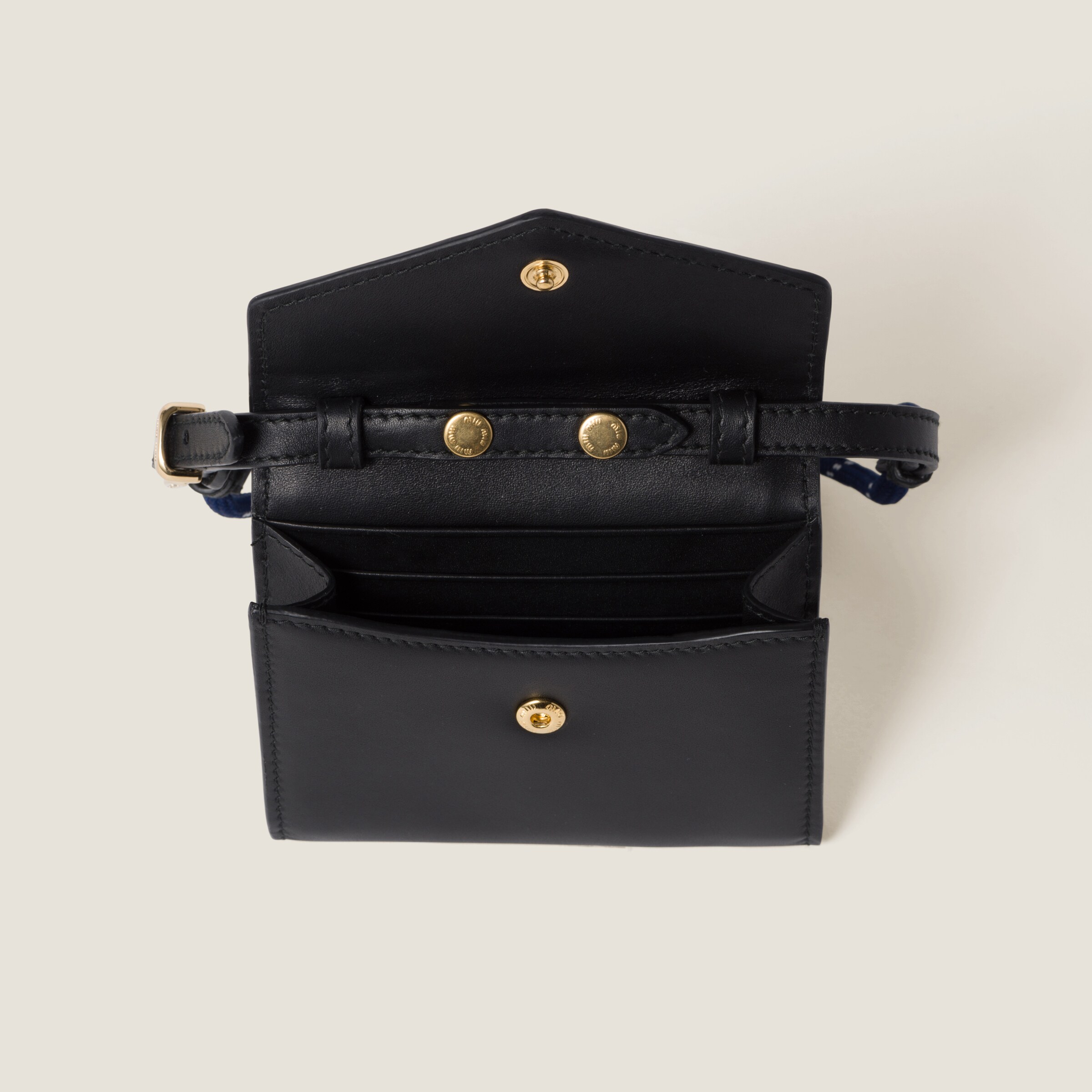 Shop Miumiu Leather Wallet With Leather And Cord Shoulder Strap In Black/baltic Blue